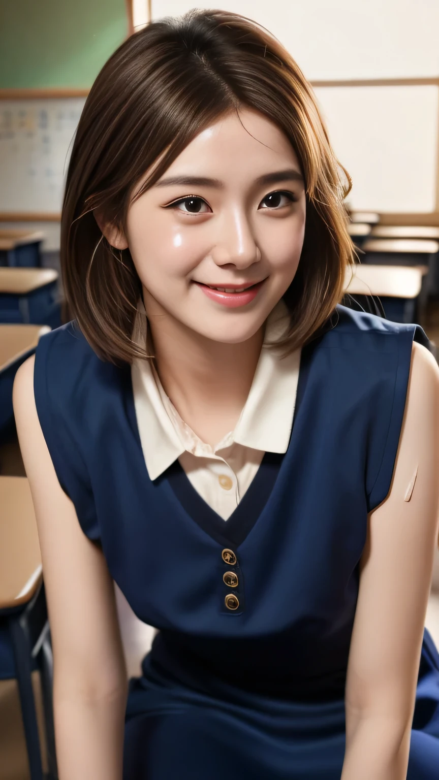 ((Beautiful Japanese girl :1.3)) ((school uniforms:1.4)) ((Panty Shots :1.5)) ((high school)),(( Dark Blue Dress :1.3)) (( in the classroom:1.3)) ((thin_Fabric:1.4)) (( Random Sexy Poses:1.3)) ((Sweating:1.5))((Rosy face :1.4)) ((Big :1.4)) ((close up:1.2))  Best Quality , masterpiece,  Ultra High Resolution  ,( Realistic Photos :1.4), original photo,(Real texture :1.3),( Movie Particles :1.3),panoramic, Character Portrait, Very wide lens,Narrow waist,Cowboys shoot ,( in the dark ,  Deep Shadows, Low profile, Cold Light,) night,(()),Tears flowing,,dust, Tyndell Effect ,( expressions),1 Girl, beautiful and detailed eyes and face,White collar,  brown eyes ,(( brown hair :1.2)) ((whole body:1.3)) (( Smile:1.3))