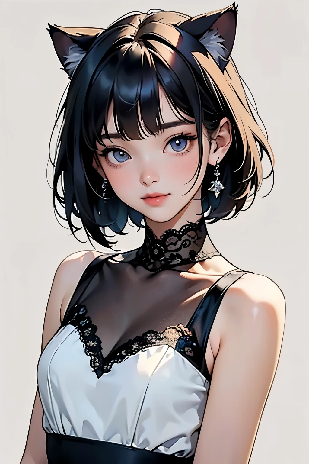 (   One Girl)、(whole body:1.4)、 (I'm drawing cute face details)、   black hair、   short hair 、   semi-long 、   bob cut、 Hair bangs、  Add a hair accessory 、(Cat ears)、(   lace dress:1.4)、   see-through mini dress、    , charming smile  、   small breasts、  Cinematic Light 、Soft light、(  simple background)、 dark background 、(( Use a blank background ))、4K Anime Art、(   Top Quality  , Masterpiece,     high definition )、