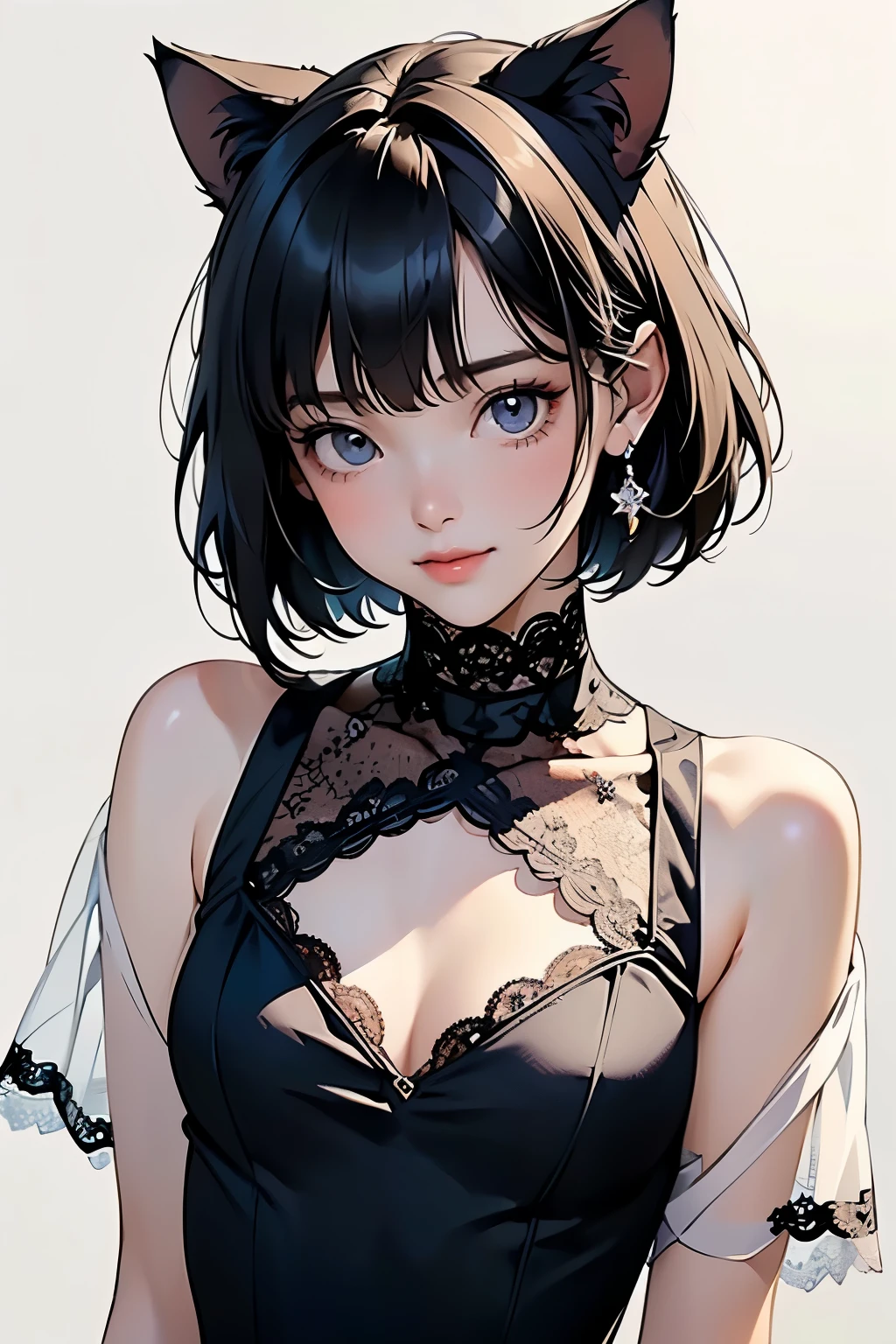 ( One Girl)、(whole body:1.4)、 (I'm drawing cute face details)、 black hair、 short hair 、 semi-long 、 bob cut、 Hair bangs、 Add a hair accessory 、(Cat ears)、( lace dress:1.4)、 see-through mini dress、 , charming smile 、 small breasts、 Cinematic Light 、Soft light、( simple background)、 dark background 、(( Use a blank background ))、4K Anime Art、( Top Quality , Masterpiece, high definition )、