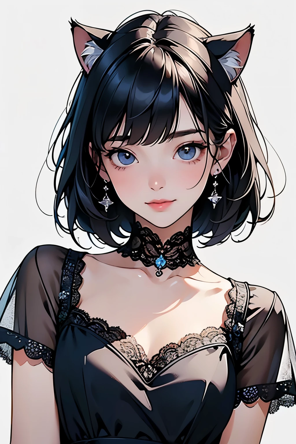 ( One Girl)、(whole body:1.4)、 (I'm drawing cute face details)、 black hair、 short hair 、 semi-long 、 bob cut、 Hair bangs、 Add a hair accessory 、(Cat ears)、( lace dress:1.4)、 see-through mini dress、 , charming smile 、 small breasts、 Cinematic Light 、Soft light、( simple background)、( dark background )、(( Use a blank background ))、4K Anime Art、( Top Quality , Masterpiece, high definition )、