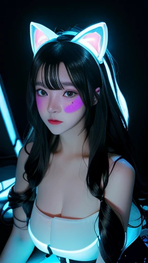 Cinema Lighting、(Key Light：Front 45 degree angle, Subsidy Light、Backlight、Shadow、Blue and orange color palette), Accurate human body、Knowledgeable person、Correct five-finger、RAW Photos、 4K - ultra-vivid、Highest quality, masterpiece, Ultra-high resolution, 



(((Oilskin,Glowing Skin、Realistic skin texture、Beautiful skin in every detail、Shiny skin、Shiny skin)))、


Upper Body Shot, Low camera angle, Written boundary depth, Focus on the center, Beautiful Eyes, Perfect face and eyes、
jirai makeup girl、Hotel、Straight long hair with black hair、Shining neon lights、ガールズBar clerk、Bar clerk、Serve alcohol、The interior is equipped with neon lights and UV black lights..、cyber- 、A white T-shirt that glows under black light、Big and ample breasts、Big cleavage、Hot pants in satin fabric、The inside of the store looks like a spaceship.,((multicolored hair colors:1.3)),(Very short bob hair:1.2),(((Completely naked))),(((nsfw)))