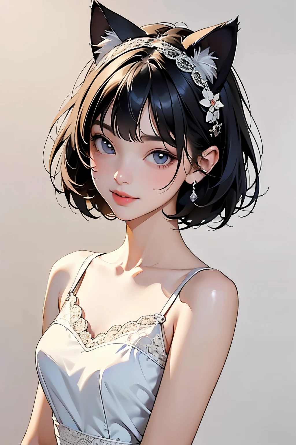 ( One Girl)、(whole body:1.4)、 (I'm drawing cute face details)、 black hair、 short hair 、 semi-long 、 bob cut、 Hair bangs、 Add a hair accessory 、(Cat ears)、( lace dress:1.4)、 see-through mini dress、 , charming smile 、 small breasts、 Cinematic Light 、Soft light、( simple background)、( dark background )、(( Use a blank background ))、4K Anime Art、( Top Quality , Masterpiece, high definition )、