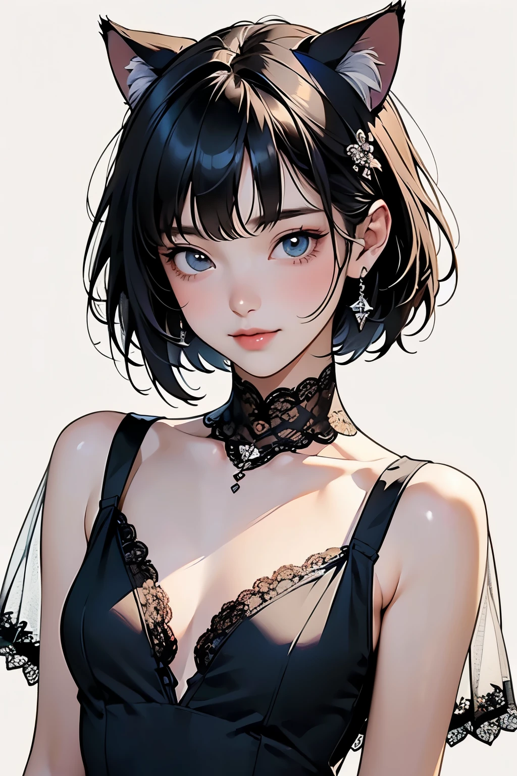 ( One Girl)、(whole body:1.4)、 (I'm drawing cute face details)、 black hair、 short hair 、 semi-long 、 bob cut、 Hair bangs、 Add a hair accessory 、(Cat ears)、( lace dress:1.4)、 see-through mini dress、 , charming smile 、 small breasts、 Cinematic Light 、Soft light、( simple background)、( dark background )、(( Use a blank background ))、4K Anime Art、( Top Quality , Masterpiece, high definition )、