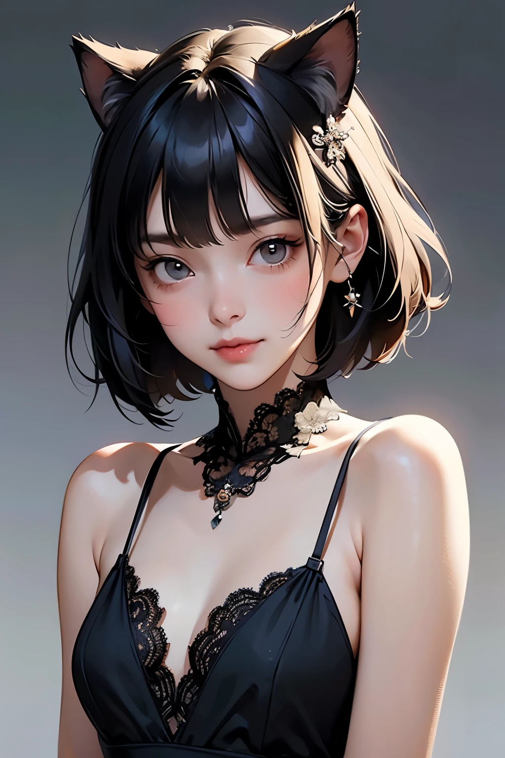 ( One Girl)、(whole body:1.4)、 (I'm drawing cute face details)、 black hair、 short hair 、 semi-long 、 bob cut、 Hair bangs、 Add a hair accessory 、(Cat ears)、( lace dress:1.4)、 see-through mini dress、 , charming smile 、 small breasts、 Cinematic Light 、Soft light、( simple background)、( dark background )、(( Use a blank background ))、4K Anime Art、( Top Quality , Masterpiece, high definition )、