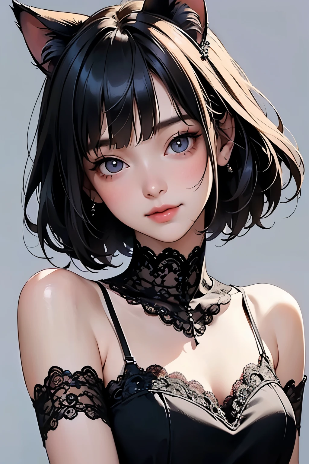( One Girl)、(whole body:1.4)、 (I'm drawing cute face details)、 black hair、 short hair 、 semi-long 、 bob cut、 Hair bangs、 Add a hair accessory 、(Cat ears)、( lace dress:1.4)、 see-through mini dress、 , charming smile 、 small breasts、 Cinematic Light 、Soft light、( simple background)、( dark background )、(( Use a blank background ))、4K Anime Art、( Top Quality , Masterpiece, high definition )、