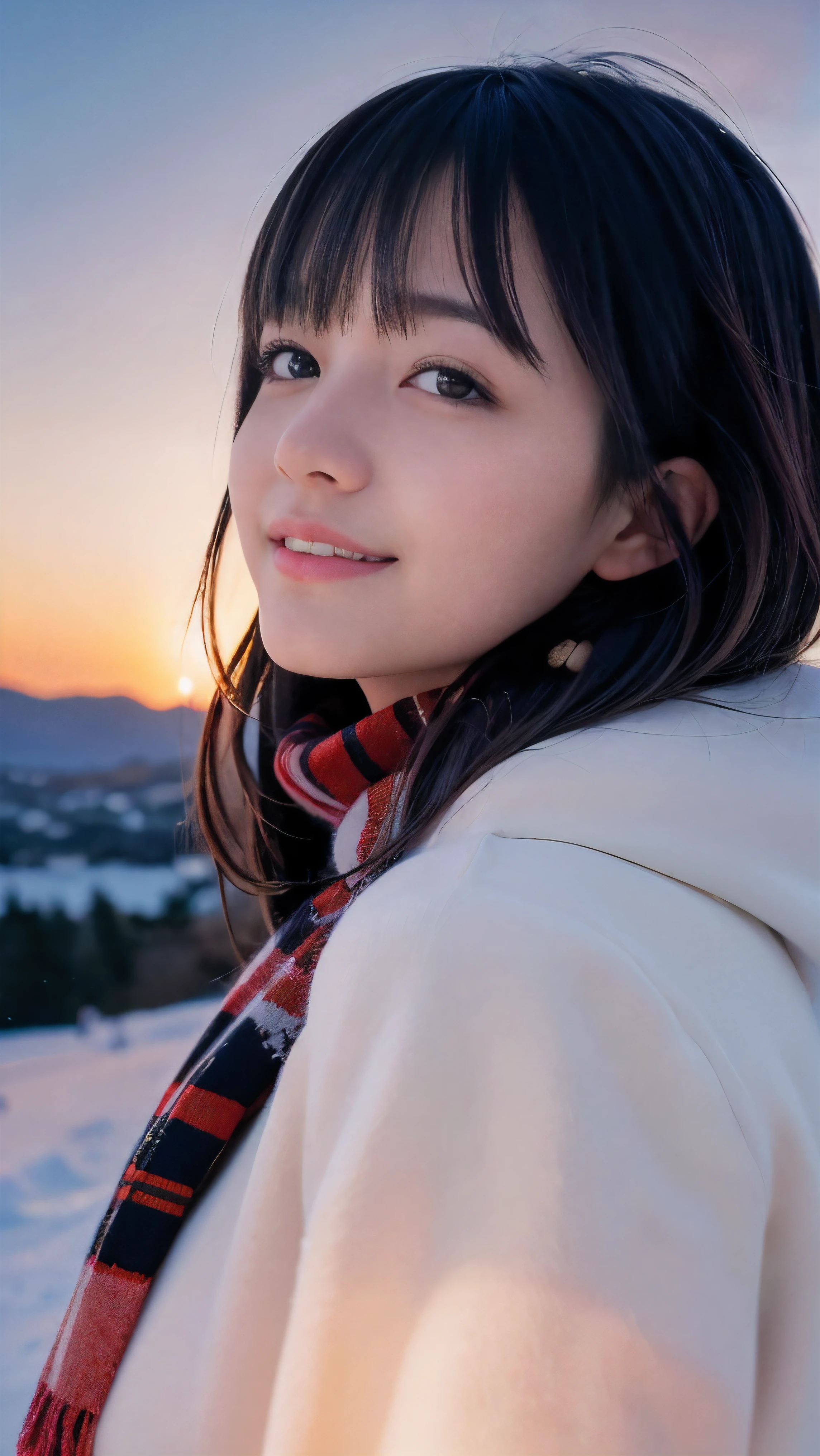 (Close up face forcus of slender girl with long hair with dull bangs dressed in winter uniform with winter coat and scarf :1.5)、(Girl looks back with a sad smile:1.5)、(Girl's hair fluttering in the wind:1.5)、(Beautiful snowy sunset red sky:1.5)、(Perfect Anatomy:1.3)、(No mask:1.3)、(complete fingers:1.3)、Photorealistic、Photography、masutepiece、top-quality、High resolution, delicate and pretty、face perfect、Beautiful detailed eyes、Fair skin、Real Human Skin、pores、((thin legs))、(Dark hair)