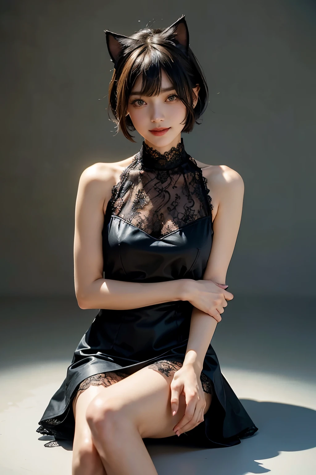 ( One Girl)、(whole body:1.4)、 (I'm drawing cute face details)、 black hair、 short hair 、 semi-long 、 bob cut、 Hair bangs、 Add a hair accessory 、(Cat ears)、( lace dress:1.4)、 see-through mini dress、 , charming smile 、 small breasts、 Cinematic Light 、Soft light、( simple background)、( dark background )、(( Use a blank background ))、4K Anime Art、( Top Quality , Masterpiece, high definition )、
