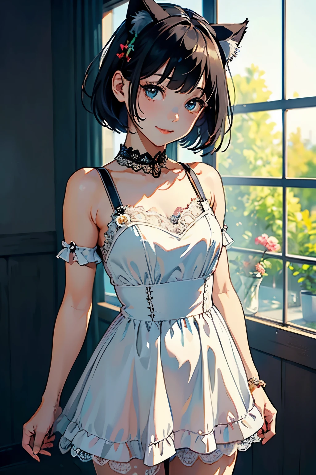 (   One Girl)、(whole body:1.4)、 (I'm drawing cute face details)、   black hair、   short hair 、   semi-long 、   bob cut、 Hair bangs、  Add a hair accessory 、(Cat ears)、(   lace dress:1.4)、   see-through mini dress、    , charming smile  、   small breasts、  Cinematic Light 、Soft light、(  simple background)、( dark background )、(( Use a blank background ))、4K Anime Art、(   Top Quality  , Masterpiece,     high definition )、
