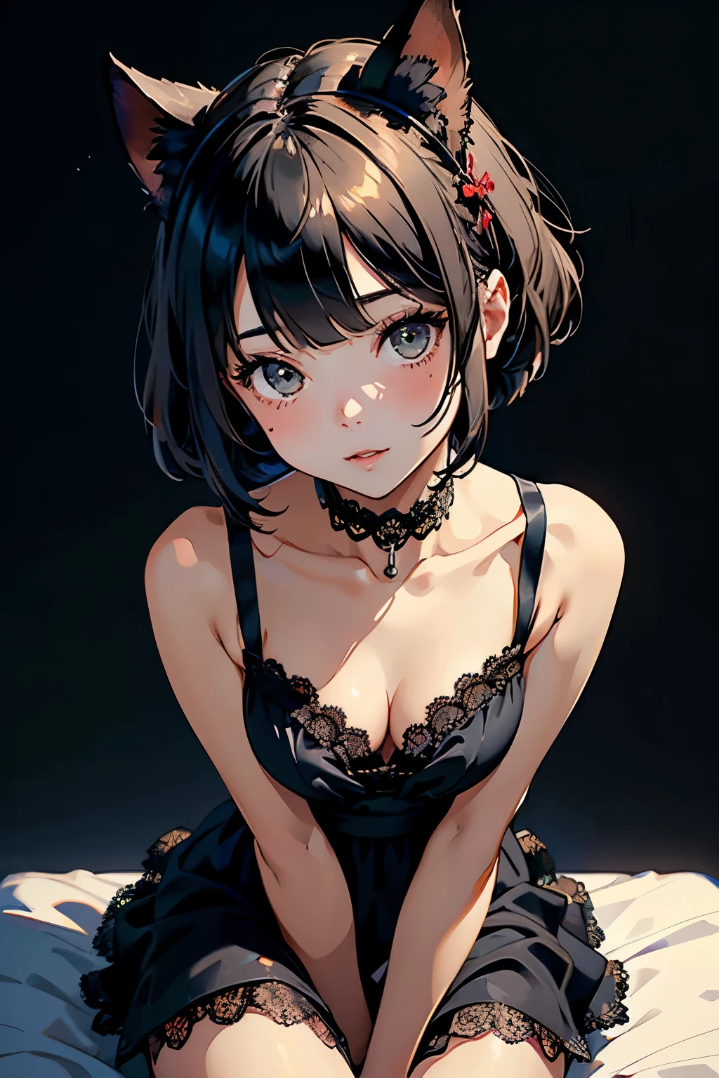 ( One Girl)、(whole body:1.4)、 (I'm drawing cute face details)、 black hair、 short hair 、 semi-long 、 bob cut、 Hair bangs、 Add a hair accessory 、(Cat ears)、( lace dress:1.4)、 see-through mini dress、 , charming smile 、 small breasts、 Cinematic Light 、Soft light、( simple background)、( dark background )、(( Use a blank background ))、4K Anime Art、( Top Quality , Masterpiece, high definition )、