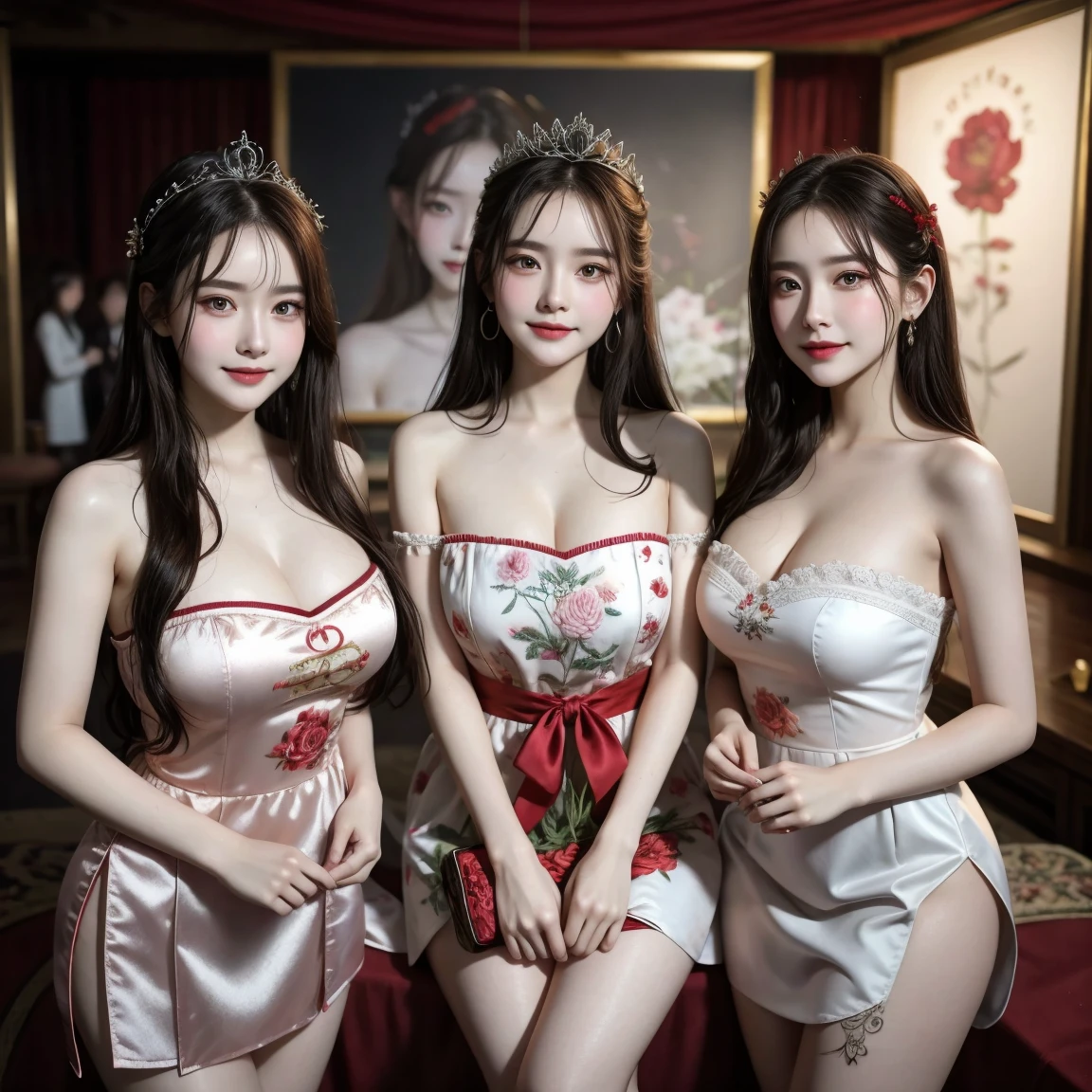 (beautifull lady wavy layer hair and her friend and her friend, (detail medium ponytail hair) with very large breast, pose in front of christmas tree, hand touch hair, armpit, wear (detail luxury santa costume), (bra from gift ribbon), ,(strapless bra), (show cleaveage), (show underboobs) , (show sideboobs), (show thigh), flower vase, (very large breast:1,9), christmas ornament background, detail christmas background, detail luxury floor, detail flower vase, detail luxury table, detail luxury gift , detail luxury lamp, beautifull face, pretty face, beautifull eyes, beautifull nose, sexy lips, polished nails, raytracing, nsfw, beautifull fingers, beautifull hands, sexy belly, sexy body, sexy shoulders, sexy legs, sexy hips, (bracelet), (hairpin), (ring), (necklace), (earring), black nails , blue eye,, nsfw, (4 fingers in 1 hand), white skin, full body picture, pretty makeup, blush, (boob stack), (lesbian), (perfect hand, perfect fingers, cg realistic, 8k