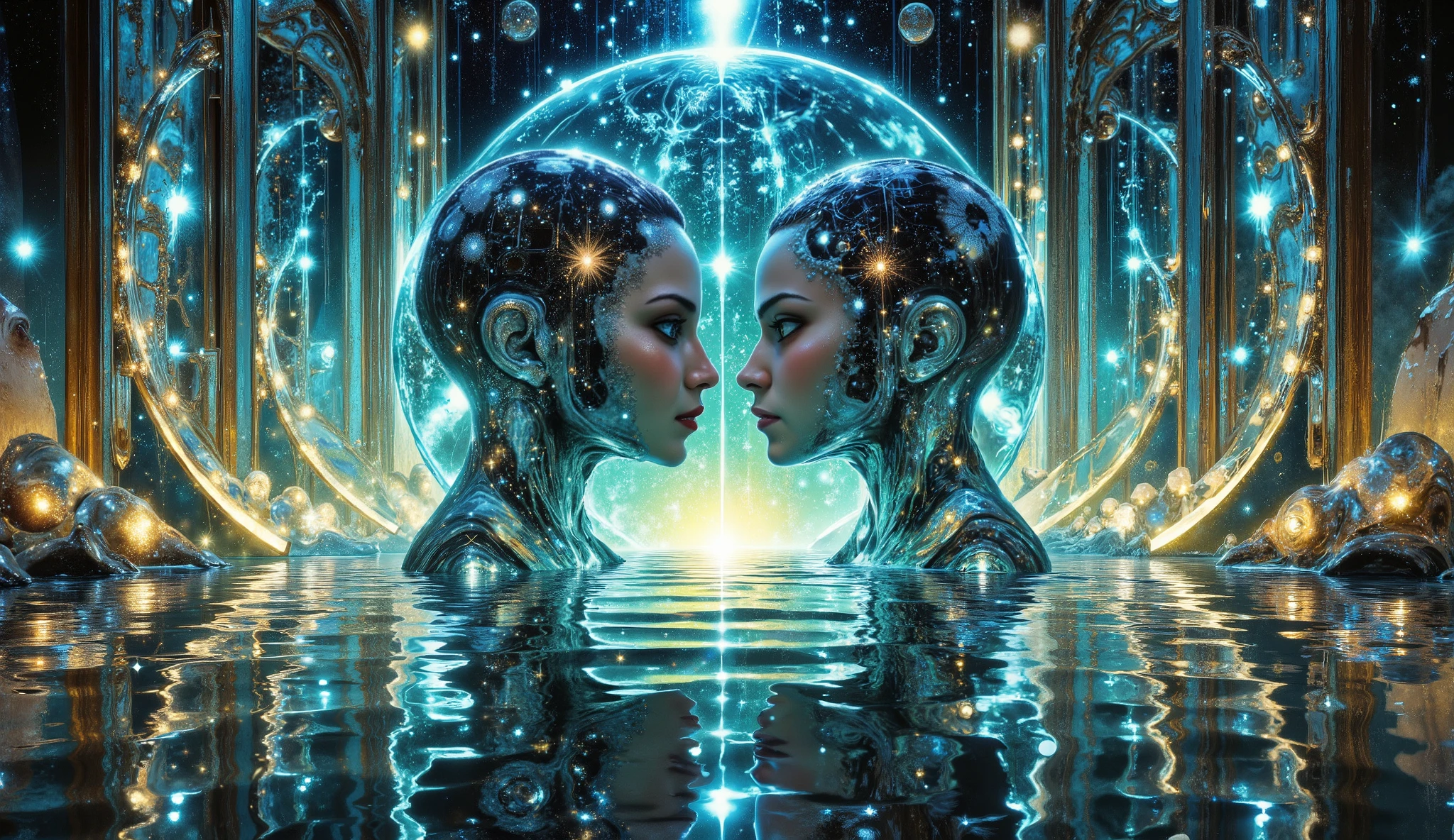  Water, man, woman, refraction, Reflections, mirrors, Prisms,  sunlight ,  bright lights !!  intricate elegant,  ,  Digital painting ,  art station ,  concept art , seeds,  sharp focus ,  illustration , art by ( ( ( (  Germ of Art ) ) ) ) and ( Greg Rutkowski )! and ( ( ( Alphonse Mucha ) ) ), eyes reflecting in eyes reflecting to infinity