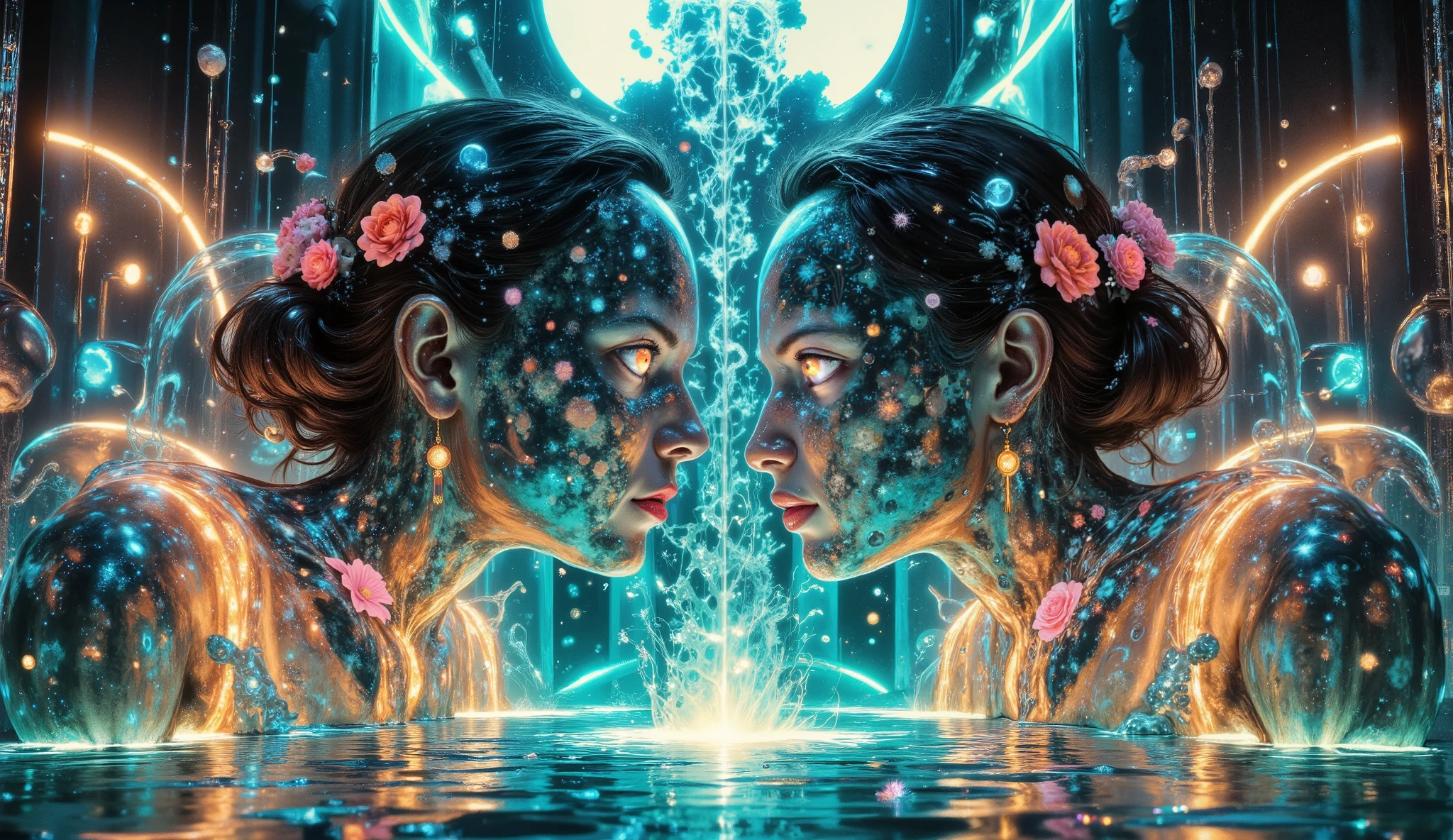 Water, man, woman, refraction, Reflections, mirrors, Prisms, sunlight , bright lights !! intricate elegant, , Digital painting , art station , concept art , seeds, sharp focus , illustration , art by ( ( ( ( Germ of Art ) ) ) ) and ( Greg Rutkowski )! and ( ( ( Alphonse Mucha ) ) ), eyes reflecting in eyes reflecting to infinity