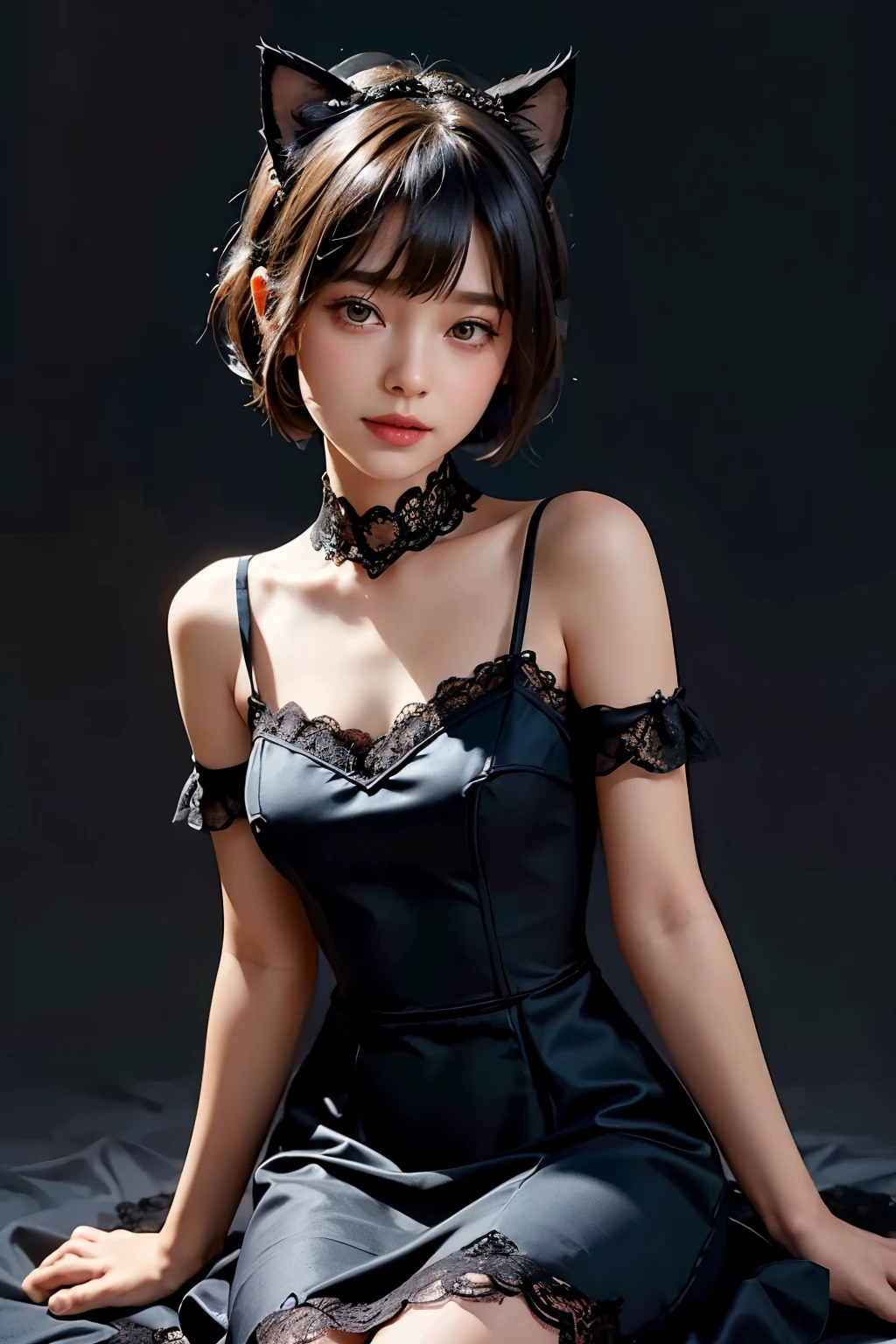 Delicate and dainty young woman with shiny bob-cut black hair and cat ears. She is wearing red cute wear with mini-skirt. The background is a fantastic and ethereal night sky that seems to be haunted by a specter. Her expression is stern and atmospheric. 10 years old, real photo style, stockings, beautiful face