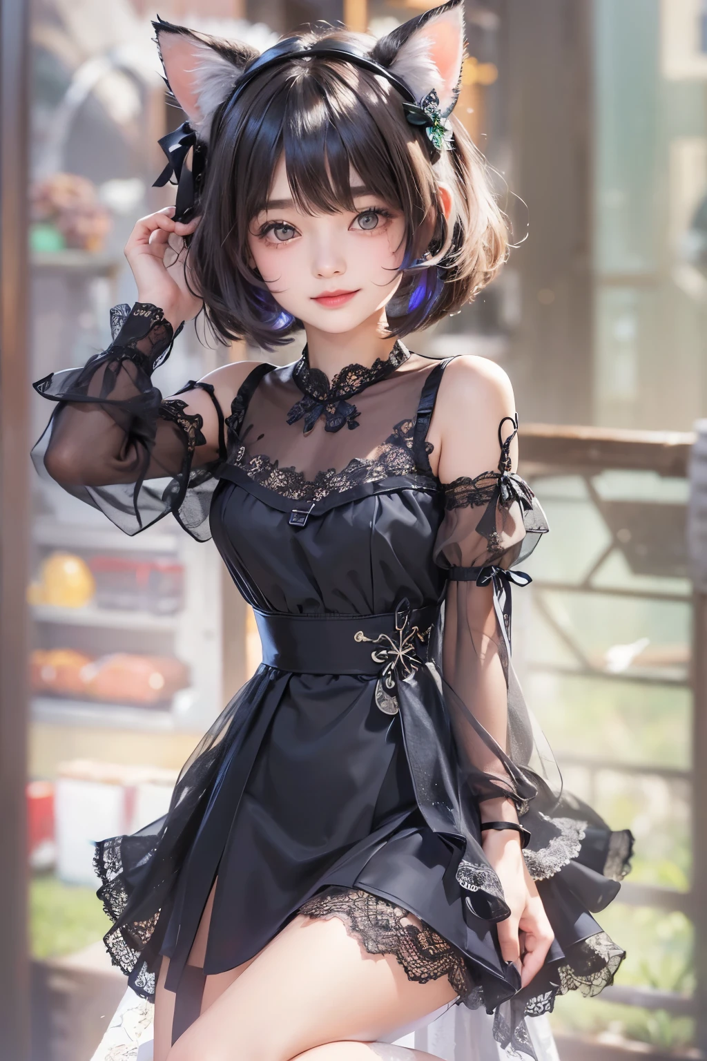 ( One Girl)、(whole body:1.4)、 (I'm drawing cute face details)、 black hair、 short hair 、 semi-long 、 bob cut、 Hair bangs、 Add a hair accessory 、(Cat ears)、( lace dress:1.4)、 see-through mini dress、 , charming smile 、 small breasts、 Cinematic Light 、Soft light、( simple background)、( dark background )、(( Use a blank background ))、4K Anime Art、( Top Quality , Masterpiece, high definition )、