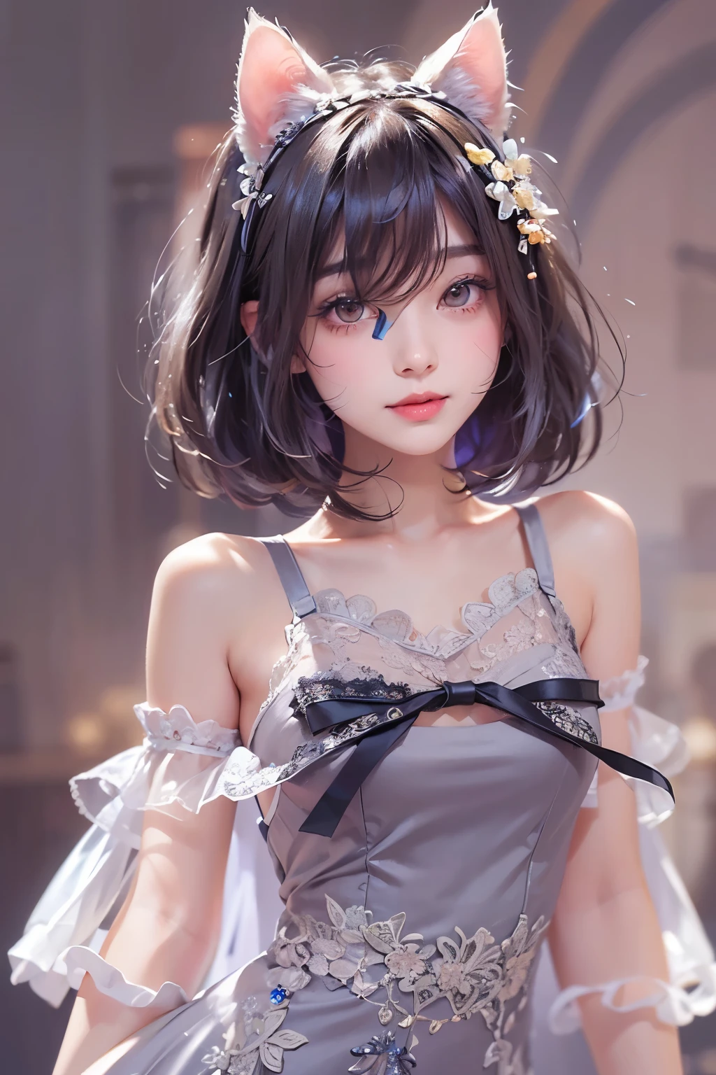 ( One Girl)、(whole body:1.4)、 (I'm drawing cute face details)、 black hair、 short hair 、 semi-long 、 bob cut、 Hair bangs、 Add a hair accessory 、(Cat ears)、( lace dress:1.4)、 see-through mini dress、 , charming smile 、 small breasts、 Cinematic Light 、Soft light、( simple background)、( dark background )、(( Use a blank background ))、4K Anime Art、( Top Quality , Masterpiece, high definition )、