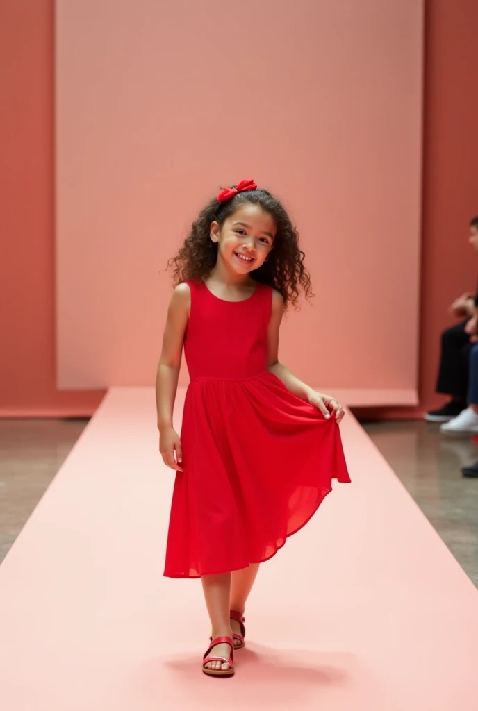 Children's fashion photography, red dress, strong design sense, medium plane, 10 year old girl, little south african girl, medium curly hair, hair accessories, delicate, cute and lively skin, simple background, high texture, backlighting, professional studio lighting