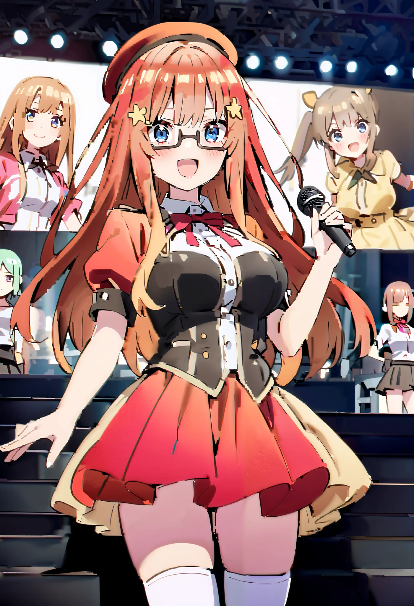  score_9,  score_8_ up,  score_7_ up,  source_Anime, itsukinakano, Nakano Mizuki , bangs, blue eyes,  hair between eyes , stupid hair, Red Hair, long hair,yellow star  \(symbol\),  hair ornament,yellow star   hair ornament,Glasses,smile,blush, open your mouth,Big Breasts, idol costume, dress,collared  dress, jacket ,cropped  jacket ,Short sleeve,bowtie,bow,button, has ,beret,( white knee high:1.2),shoes, interior ,アイドル歌手がライブ stageで熱狂的に歌うシーンのイラスト. アイドル歌手が stage中央に立っている. Idol singers wear  and boots .  the idol singer is holding the microphone and singing .  the idol singer's expression is serious and impressive . The singer's voice is strong and beautiful , stageの周りにはファンが集まる, The fans sing and dance with the idol singer ,whole bodyがイラストに入るように,
break looking at viewer,whole body,( cowboy shot:1. 5),
break indoors, stage, concert,  stage lights,  stage, crowd,
break (masterpiece:1.2),  best quality,  high resolution, unity 8k wallpaper, (figure:0.8), ( Beautiful, detailed eyes :1.6),   very detailed face ,  Perfect Lighting ,   highly detailed CG, (perfect hand,  perfect anatomy),