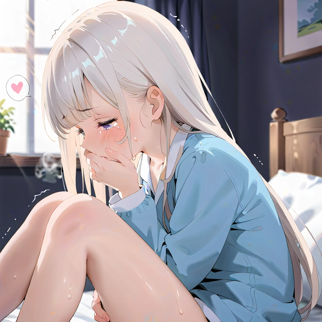 (masterpiece,beautiful,hughres,CG,8k,16k,best quality,high-resolution,detailed fingers,detailed hands,detailed legs,detailed eyes:1.5),anime,source anime,illustration,face focus,(from side:1.6),(2girls:1.5),(evening,indoor,one&#39;s home,bedroom:1.5),(sunset:1.3),shadow, Dark Room,(on the bed:1.4),(head down:1.2),(girl on the left(white hair):1.4),(girl on the right(black hair):1.5),( thighs:1.4),(school uniform,white shirt,pleated skirt,black skirt,black thighhighs:1.3),(panties pull,panty pull:1.3),small breasts,(sitting),(My legs,knees to chest,folded,knees together feet apart:1.4),(leg up:1.2),(profile:1.2),(back-to-back:1.4),hand over own mouth, covering own mouth,(female masturbationm:1.4),(female orgasm:1.4),(pussy juice:1.2),(trembling:1.4),(gasping,heavy breathing,blush:1.5),(impatience1.1),flustered,(fidgeting around:1.4),(steam:1.2),(sweat skin,sweat:1.4),(streaming tears:1.3),(drooling:1.1),(looking away:0.5),(looking down:1.4),(spoken heart:1.3),(closed eyes:1.6),open mouth