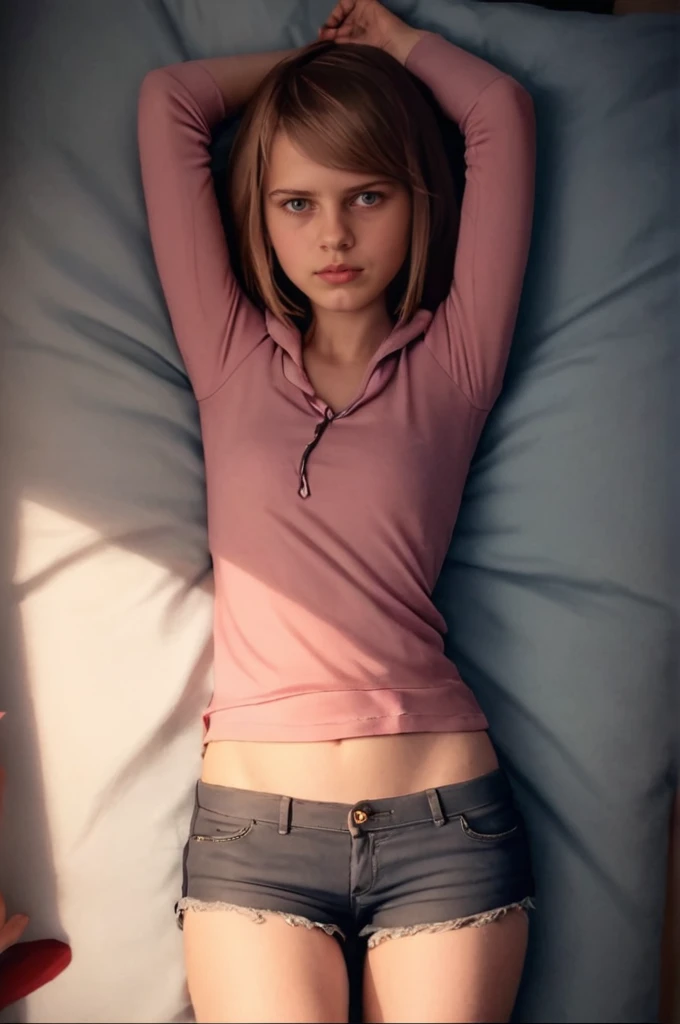 (best quality,hyper-realistic,ultra-detailed,8k), teenager, fifteen years old, shy, sad, paleness, big blue eyes, very white skin, small nose, very short brown hair with bangs, melancholy, delicate, feminine, skinny, in bed, short ponytails hairstyle, short Green summer shirt, short skirt, fountain, Sunny day, brilliant colors.