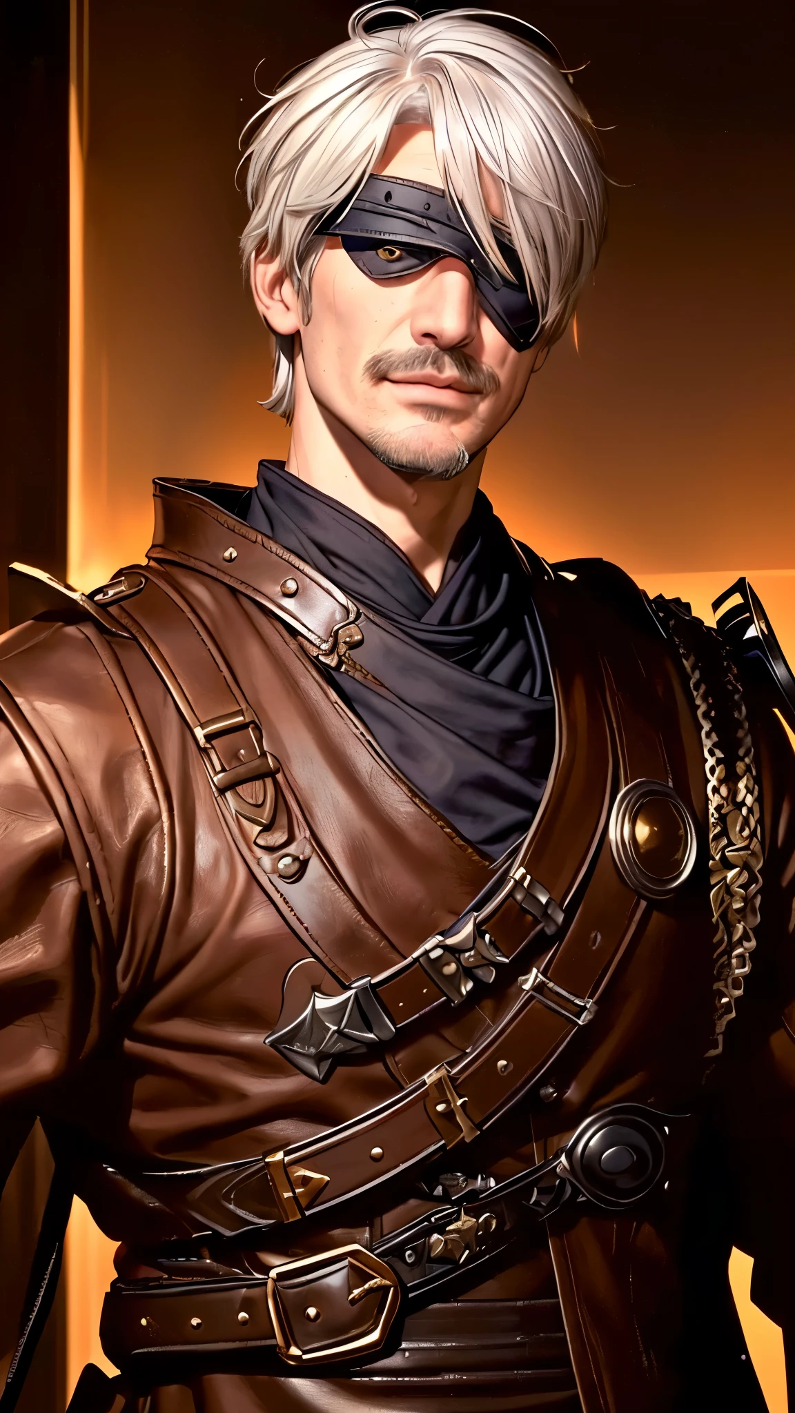 Jamie Lannister face, caucasian man, white hair(head), blindfold(both eyes), both eyes blindfolded, medium short hair, brown leather armor, dark yellow clothes, samurai style, handsome, white mustache, biker mustache.