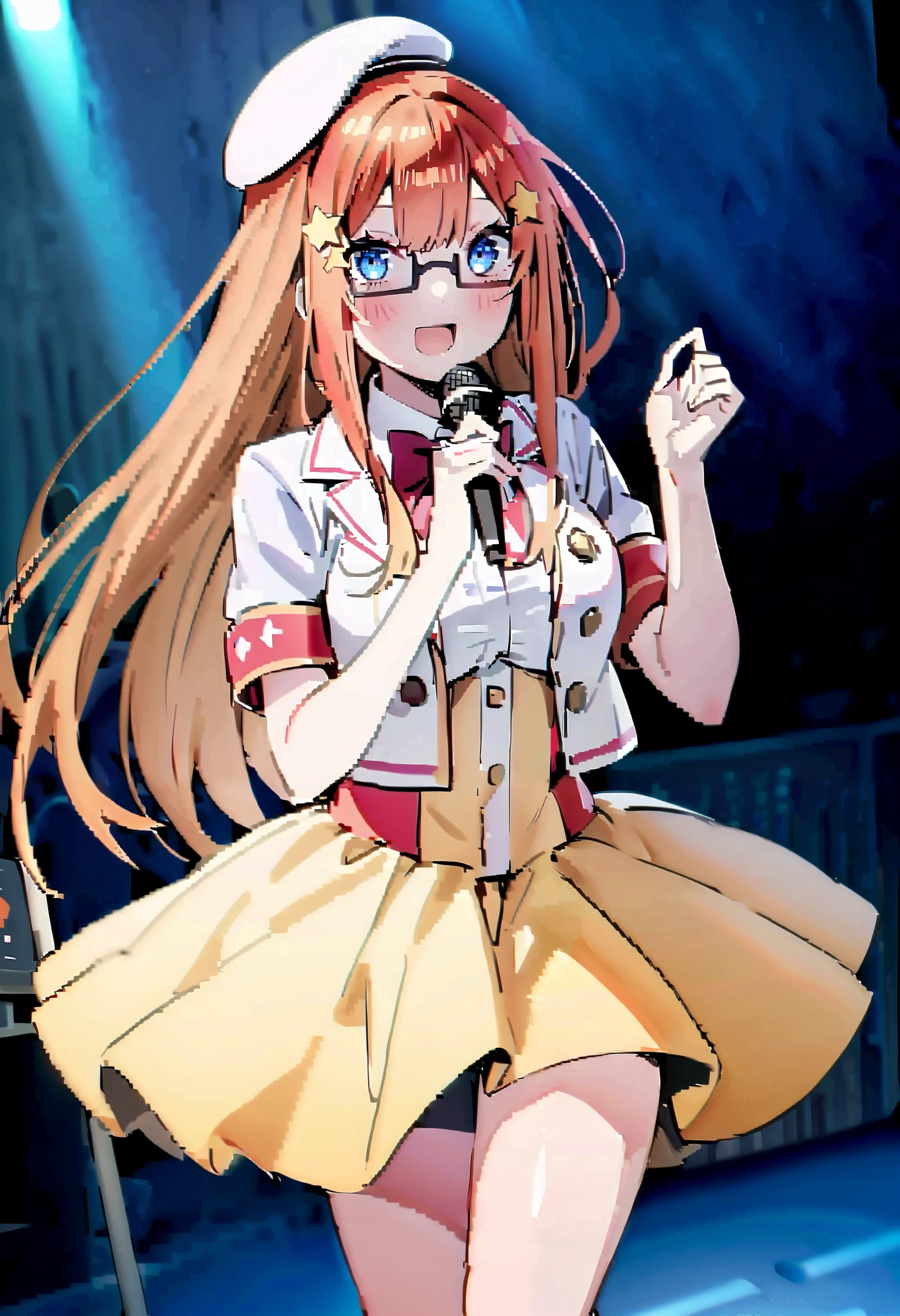 score_9, score_8_ up, score_7_ up, source_Anime, itsukinakano, Nakano Mizuki , bangs, blue eyes, hair between eyes , stupid hair, Red Hair, long hair,yellow star \(symbol\), hair ornament,yellow star hair ornament,Glasses,smile,blush, open your mouth,Big Breasts, idol costume, dress,collared dress, jacket ,cropped jacket ,Short sleeve,bowtie,bow,button, has ,beret,( white knee high:1.2),shoes, interior ,アイドル歌手がライブ stageで熱狂的に歌うシーンのイラスト. アイドル歌手が stage中央に立っている. Idol singers wear and boots . the idol singer is holding the microphone and singing . the idol singer's expression is serious and impressive . The singer's voice is strong and beautiful , stageの周りにはファンが集まる, The fans sing and dance with the idol singer ,whole bodyがイラストに入るように,
break looking at viewer,whole body,( cowboy shot:1. 5),
break indoors, stage, concert, stage lights, stage, crowd,
break (masterpiece:1.2), best quality, high resolution, unity 8k wallpaper, (figure:0.8), ( Beautiful, detailed eyes :1.6), very detailed face , Perfect Lighting , highly detailed CG, (perfect hand, perfect anatomy),