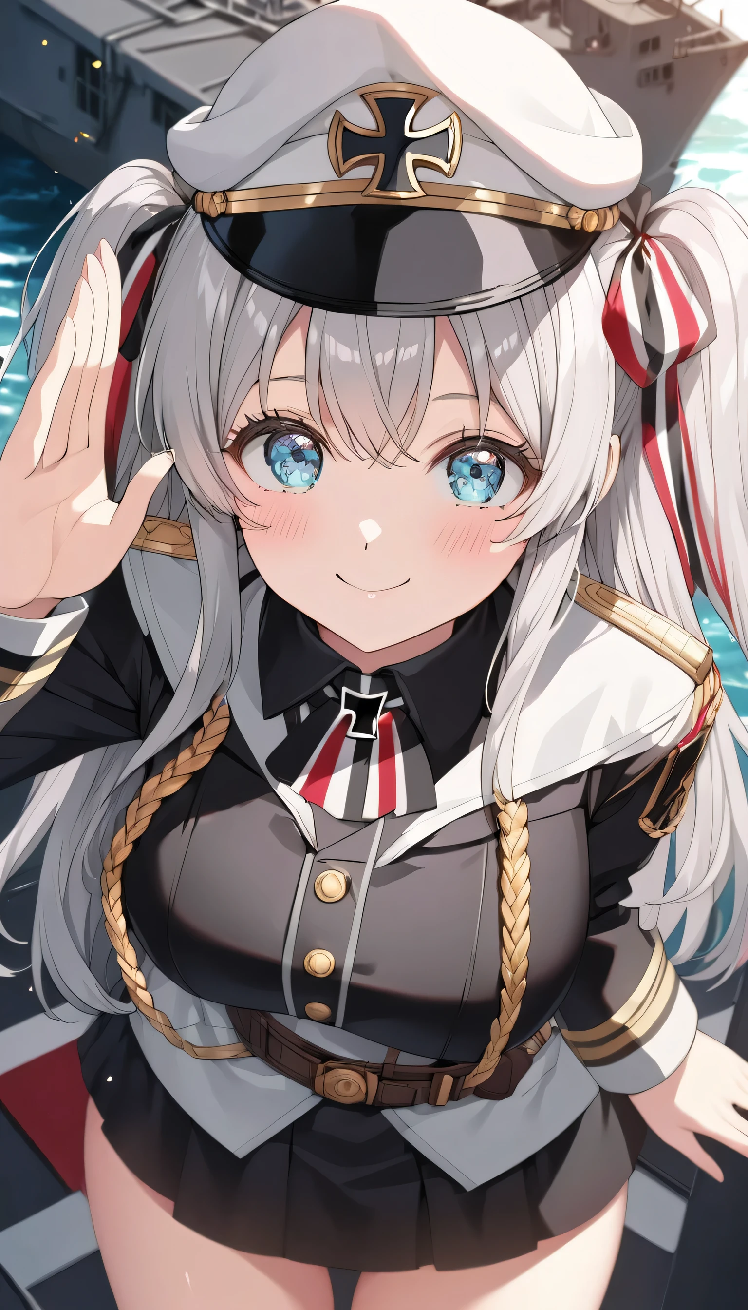 ((ultra-detailed)), (highly detailed CG illustration), (best quality:1.2), ultra-highly detailed, colorful composition, artistic photoshoot, 1girl, solo focus,  ((thigh to top:1.4)), ((cowboy shot:1.4)), moe anime character,  girl, dainty facial structure, (bab(round face), ((rounded chin:1.2)), ((ideal ratio body proportions)), celia-default, celia claire, (blue eyes), sparkle eyes, ((silver hair color)), two side up, ((red hair ribbon)), ample breasts, ((German Navy military black uniform during World War II)), ((German Navy military black captain visor cap with gold decoration during World War II)), ((Iron Cross on neck with red, black and white tricolor stripes ribbon:1.4)), ((gold aiguillette)), ((salute showing palm with right hand:1.4)), ((standing on a warship:1.4)), beautiful detailed sky, best quality, masterpiece, angle from above, expecting, pink cheek, blush, light pink gloss slip, portrait, depth of field, soft lighting, sidelighting, (shine), lighting, caustics, ray tracing, ((fearless smile)), perfect face, lustrous skin, highly  detailed face, highly detailed eyes, perfect face, perfect nose, perfect hair, perfect eyes, perfect anatomy, beautiful hair, beautiful small face, extremely detailed face, beautiful detailed eyes, beautiful clavicle, beautiful body, beautiful huge breasts, leavage, breasts squeezed together, equalize the size of the left and right breasts, beautiful thin thighs,  beautiful legs, beautiful fingers, 4 fingers, 1 thumb, lovely, (very detailed background:1.0), (highly detailed background:1.0), spring aesthetic, intricate details, Tight atmosphere, spring colors palette, chromatic aberration
