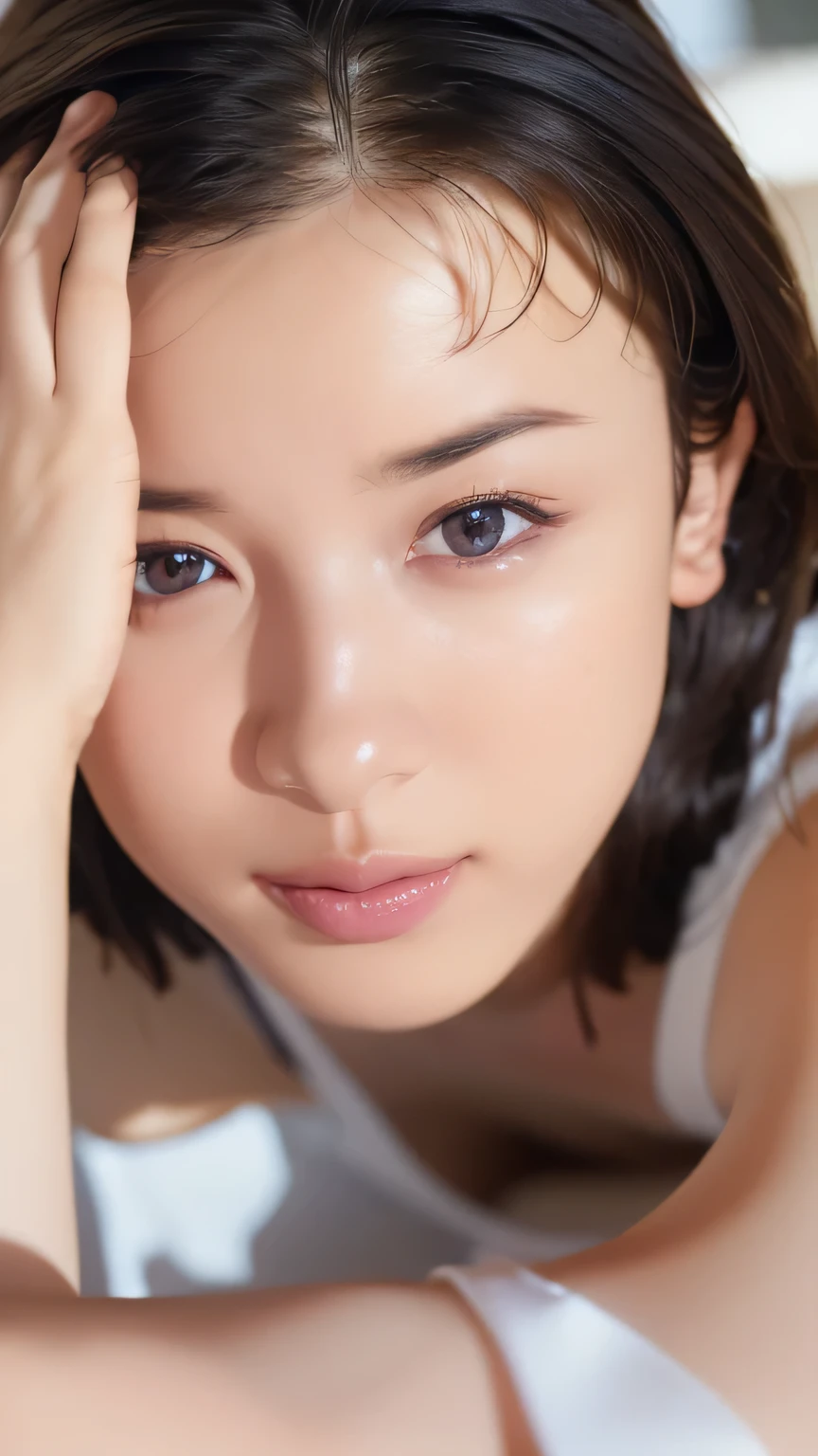  1 Girl,  medium boobs, Starry Eyes, (8k,  RAW Photos, High sensitivity,  best quality, masterpiece, ultra  high definition ,  Realism: 1.25), , ( Very detailed CG Unity 8K wallpaper ,  best quality,  high definition : 1.2), (ultra_  Details, 超 high definition : 1.2),  perfect lighting,     personal    , ( 1 Girl: 1.4), ( cute girl: 1.2),  Unreal Engine ,  side lights, Gray Hair,  purple eyes,  perfect face,  Detailed face,  perfect body,   beautiful eyes ,  Facial beauty, (Light Skin: 1.4), Idol, ( upper body shot;1.5), ((woman in white bikini  ;1.7)), transparent, (woman lying down;1.5)