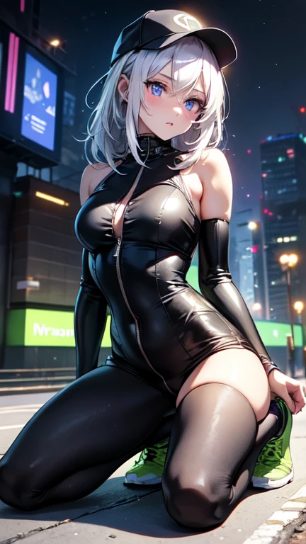 Highest quality、8K、(Purple Bunny Girl)、Fishnet tights、High heels、Bunny Suit、View Viewer、((Angle from the butt))、On all fours、((Place your elbows on the floor))、((Attach your cheeks to the floor))、smile、Futuristic Living Room、indirect lighting、Room with houseplants、From the window you can see the valley between the city buildings、Night view、Silver short hair、Beautiful eyes、Beautiful Face、Delicate eyes


