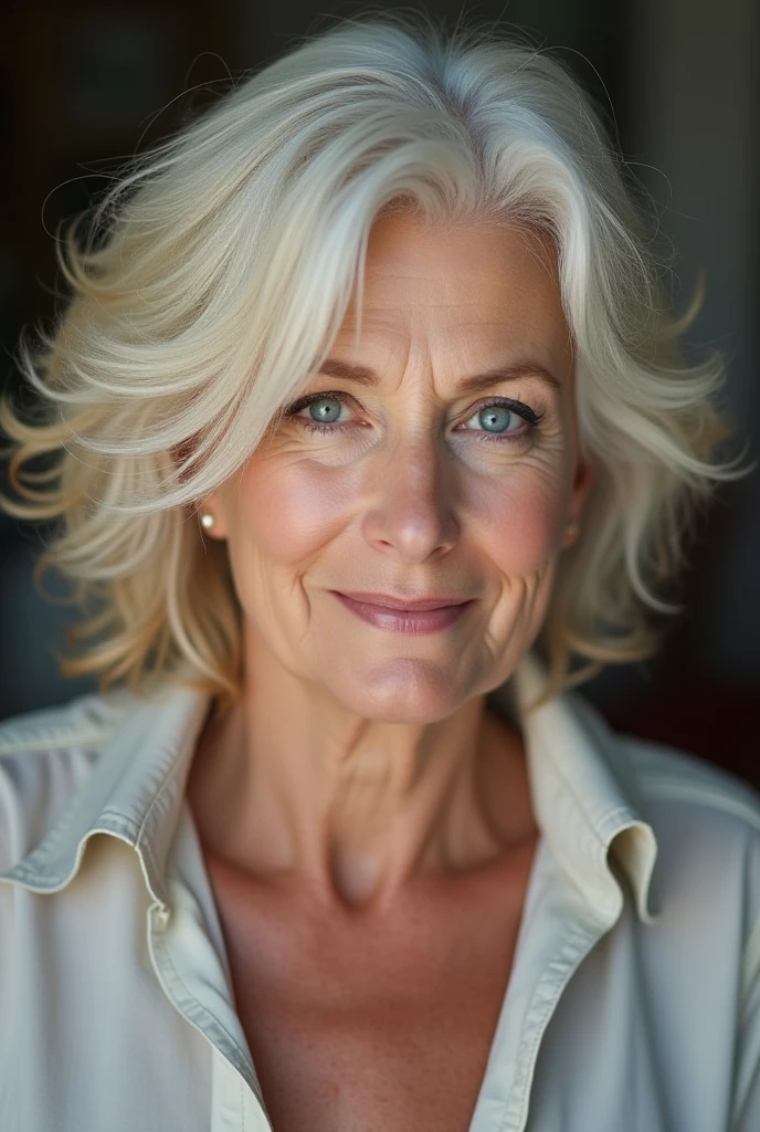  A very beautiful woman with white hair with tufts of red hair. At the age of forty ,  her eyes are sky blue and her body is a little full .  She is very beautiful wearing a shirt and a little expensive .  She is a little fat and a little full 