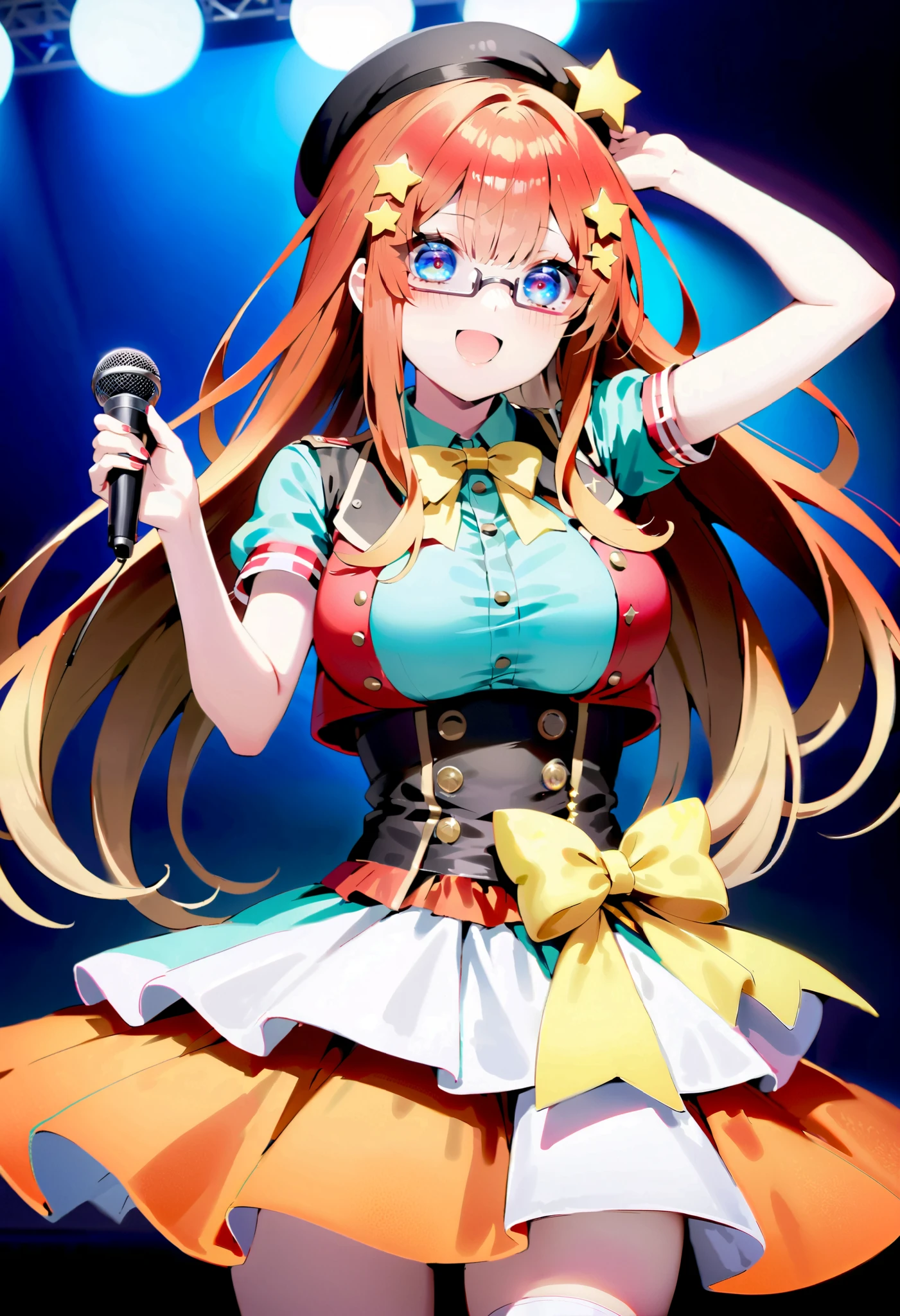 score_9, score_8_ up, score_7_ up, source_Anime, itsukinakano, Nakano Mizuki , bangs, blue eyes, hair between eyes , stupid hair, Red Hair, long hair,yellow star \(symbol\), hair ornament,yellow star hair ornament,Glasses,smile,blush, open your mouth,Big Breasts, idol costume, dress,collared dress, jacket ,cropped jacket ,Short sleeve,bowtie,bow,button, has ,beret,( white knee high:1.2),shoes, interior ,アイドル歌手がライブ stageで熱狂的に歌うシーンのイラスト. アイドル歌手が stage中央に立っている. Idol singers wear and boots . the idol singer is holding the microphone and singing . the idol singer's expression is serious and impressive . The singer's voice is strong and beautiful , stageの周りにはファンが集まる, The fans sing and dance with the idol singer ,whole bodyがイラストに入るように,
break looking at viewer,whole body,( cowboy shot:1. 5),
break indoors, stage, concert, stage lights, stage, crowd,
break (masterpiece:1.2), best quality, high resolution, unity 8k wallpaper, (figure:0.8), ( Beautiful, detailed eyes :1.6), very detailed face , Perfect Lighting , highly detailed CG, (perfect hand, perfect anatomy),