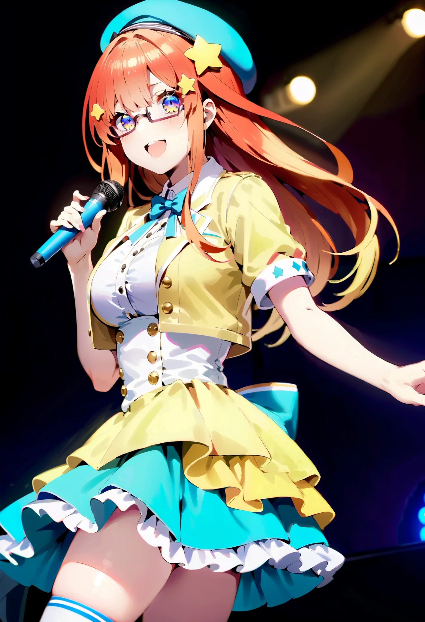 score_9, score_8_ up, score_7_ up, source_Anime, itsukinakano, Nakano Mizuki , bangs, blue eyes, hair between eyes , stupid hair, Red Hair, long hair,yellow star \(symbol\), hair ornament,yellow star hair ornament,Glasses,smile,blush, open your mouth,Big Breasts, idol costume, dress,collared dress, jacket ,cropped jacket ,Short sleeve,bowtie,bow,button, has ,beret,( white knee high:1.2),shoes, interior ,アイドル歌手がライブ stageで熱狂的に歌うシーンのイラスト. アイドル歌手が stage中央に立っている. Idol singers wear and boots . the idol singer is holding the microphone and singing . the idol singer's expression is serious and impressive . The singer's voice is strong and beautiful , stageの周りにはファンが集まる, The fans sing and dance with the idol singer ,whole bodyがイラストに入るように,
break looking at viewer,whole body,( cowboy shot:1. 5),
break indoors, stage, concert, stage lights, stage, crowd,
break (masterpiece:1.2), best quality, high resolution, unity 8k wallpaper, (figure:0.8), ( Beautiful, detailed eyes :1.6), very detailed face , Perfect Lighting , highly detailed CG, (perfect hand, perfect anatomy),