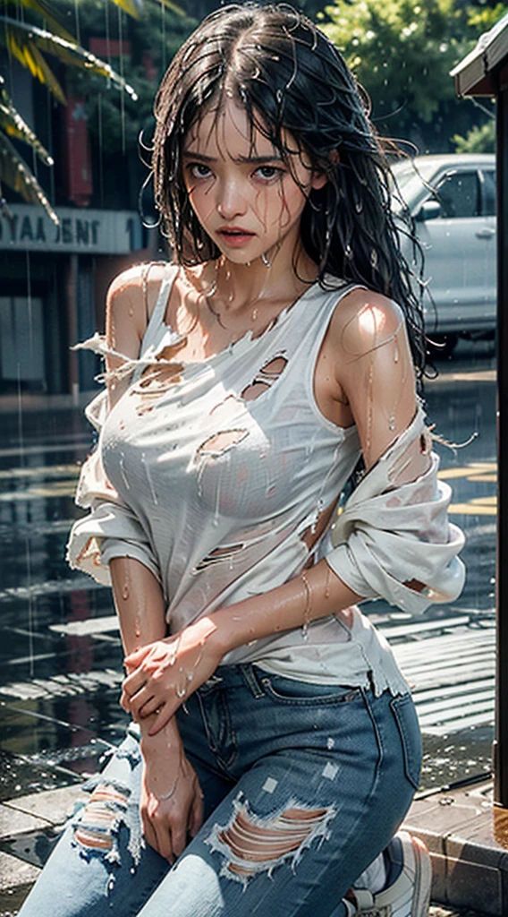 best image quality, masterpiece, super high resolution, (fidelity:1.4), photo, 1 naked girl, dim, darkness, despair, pity, poor, movie, tears, teardrops, (torn clothes:1.5), (wet clothes:1.4), bare shoulders, real rain, wet hair,..