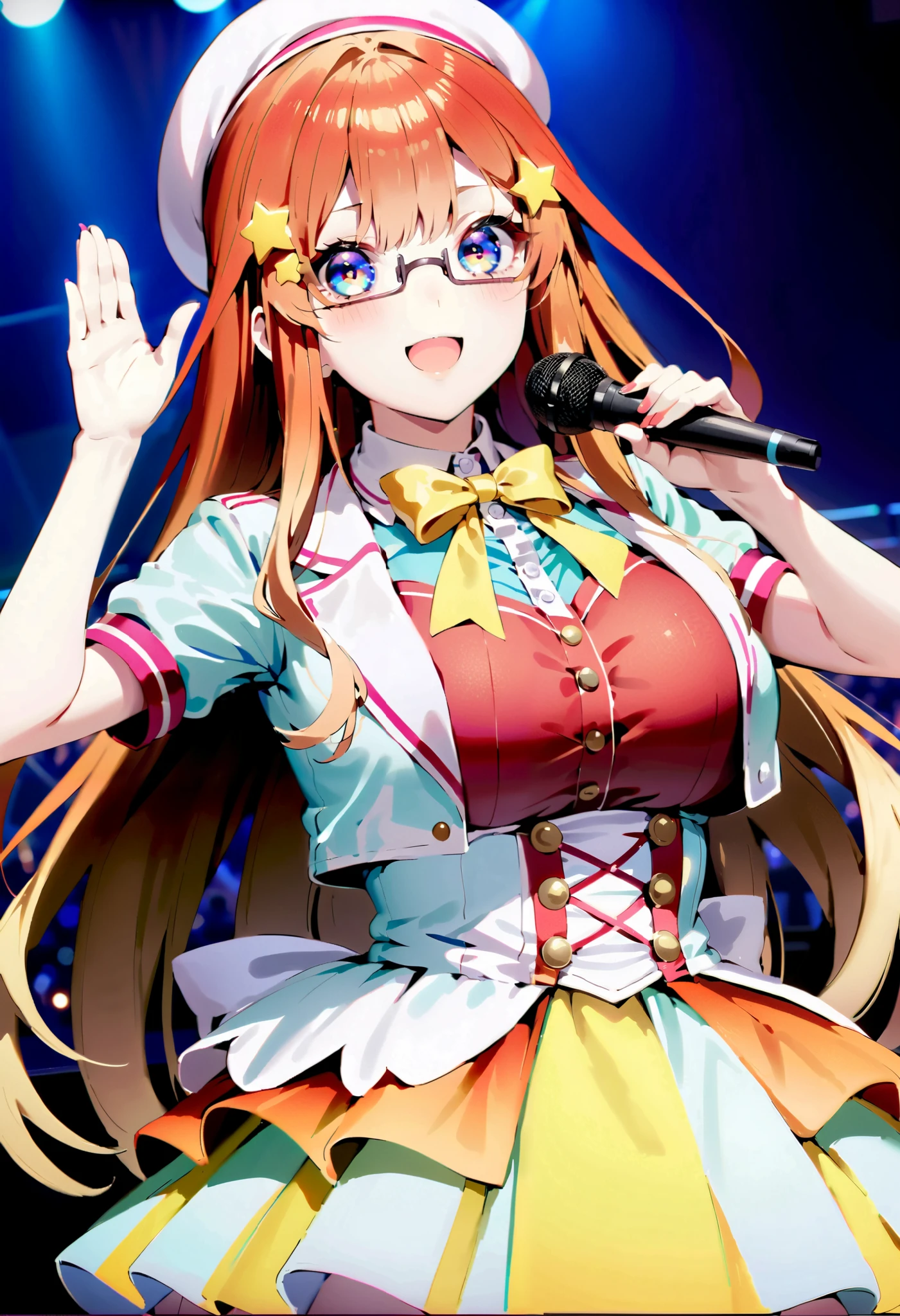 score_9, score_8_ up, score_7_ up, source_Anime, itsukinakano, Nakano Mizuki , bangs, blue eyes, hair between eyes , stupid hair, Red Hair, long hair,yellow star \(symbol\), hair ornament,yellow star hair ornament,Glasses,smile,blush, open your mouth,Big Breasts, idol costume, dress,collared dress, jacket ,cropped jacket ,Short sleeve,bowtie,bow,button, has ,beret,( white knee high:1.2),shoes, interior ,アイドル歌手がライブ stageで熱狂的に歌うシーンのイラスト. アイドル歌手が stage中央に立っている. Idol singers wear and boots . the idol singer is holding the microphone and singing . the idol singer's expression is serious and impressive . The singer's voice is strong and beautiful , stageの周りにはファンが集まる, The fans sing and dance with the idol singer ,whole bodyがイラストに入るように,
break looking at viewer,whole body,( cowboy shot:1. 5),
break indoors, stage, concert, stage lights, stage, crowd,
break (masterpiece:1.2), best quality, high resolution, unity 8k wallpaper, (figure:0.8), ( Beautiful, detailed eyes :1.6), very detailed face , Perfect Lighting , highly detailed CG, (perfect hand, perfect anatomy),
