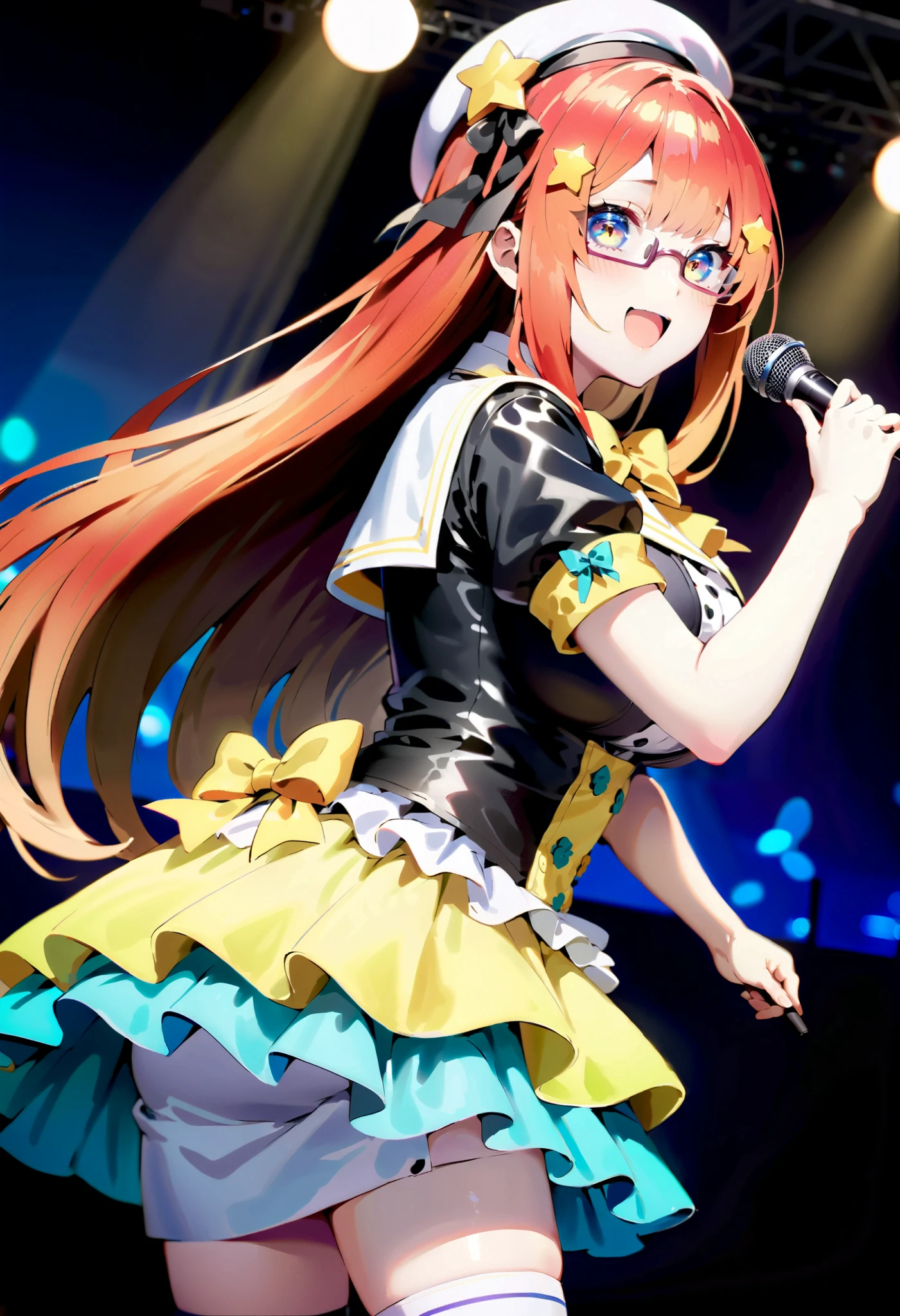 score_9, score_8_ up, score_7_ up, source_Anime, itsukinakano, Nakano Mizuki , bangs, blue eyes, hair between eyes , stupid hair, Red Hair, long hair,yellow star \(symbol\), hair ornament,yellow star hair ornament,Glasses,smile,blush, open your mouth,Big Breasts, idol costume, dress,collared dress, jacket ,cropped jacket ,Short sleeve,bowtie,bow,button, has ,beret,( white knee high:1.2),shoes, interior ,アイドル歌手がライブ stageで熱狂的に歌うシーンのイラスト. アイドル歌手が stage中央に立っている. Idol singers wear and boots . the idol singer is holding the microphone and singing . the idol singer's expression is serious and impressive . The singer's voice is strong and beautiful , stageの周りにはファンが集まる, The fans sing and dance with the idol singer ,whole bodyがイラストに入るように,
break looking at viewer,whole body,( cowboy shot:1. 5),
break indoors, stage, concert, stage lights, stage, crowd,
break (masterpiece:1.2), best quality, high resolution, unity 8k wallpaper, (figure:0.8), ( Beautiful, detailed eyes :1.6), very detailed face , Perfect Lighting , highly detailed CG, (perfect hand, perfect anatomy),