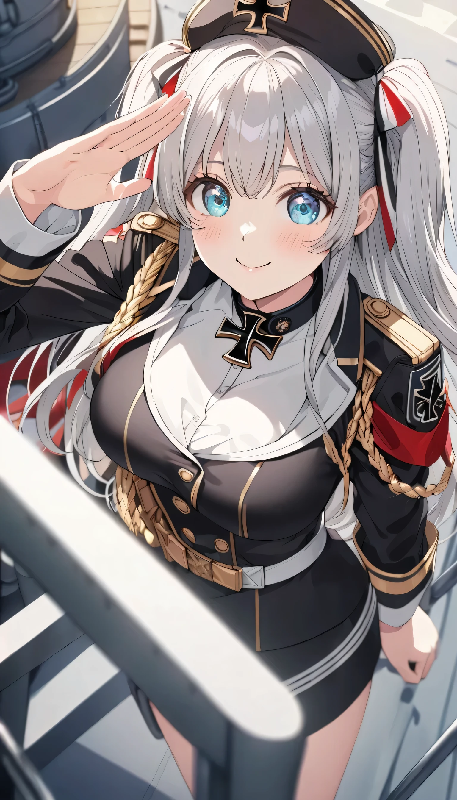 1girl, sitzt auf einem stuhl, beine nach vorne ausgestreckt, prinz eugen aus azur lane, wearing her uniform, azur lane, prinz eugen, sexy, cute, posiert