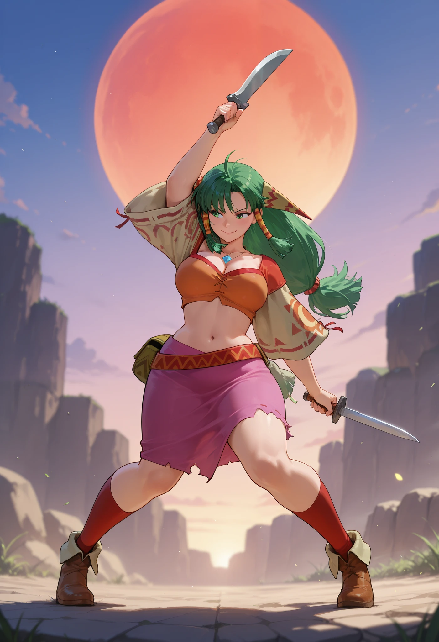 26 yo, face look alike to feena from \(Grandia\), Beautiful Mature young milf, (mature woman with lean perfection abdomen), sweet sweet decissive expression - serious expression, confident smirk, large natural breasts, Curvy body, (outdoor-holding a decorated knife with 1hand and a whipe another hand - ready to fight a pack of wolves in fantasy classic Grandia settings), battle stance, solo, 1girl, BREAK, She wears an orange bra top that leaves her abdomen exposed, paired with a small short pink skirt held up by a thin red belt. Covering her arms is a tan-colored shawl adorned with red sun patterns on both sleeves. Her long green hair flows down her back, with some sections tied through two patterned hair accessories. She completes her ensemble with ripped red socks that extend past her knees and brown shoes featuring tribal patterns similar to those on her belt and shawl, official arts, dynamic jrpg view, cinematic dynamic angles, fantastic fantasy vibrant background, fighting monsters,