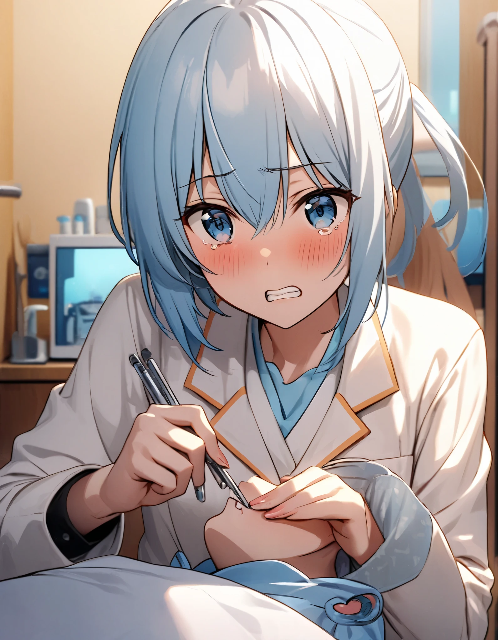 light blue long hair 、 the dentist with a beautiful girl with twin tails 、 the dentist who treats the little one's teeth、The little one is scared and crying 、Dentist and small patient、Dental clinic background