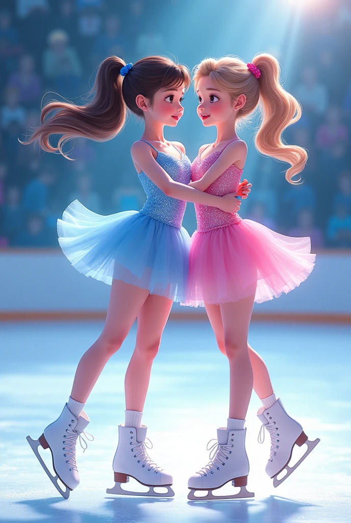 2 women, pair skating, girl lift another girl, dancing on grand ice skating exhibition, decorate lace dress, crowd, cinematic lighting, high quality, masterpiece,  <lora:girllikepairskating:.6>
elsa, blue eyes, blonde hair, braid, looking at viewer, smiling, grin, blush,  <lora:elsa5-real:.8>