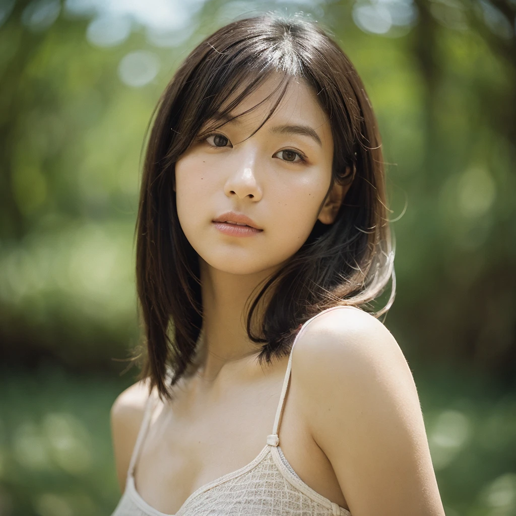 cinematic photo, Skinny Japanese woman, 30 years old, cute face, detailed face, detailed eyes, bare shoulders, very thin waist, (face upward:0.7), looking at viewer, (sun light and tree shadow on the face), (masterpiece:1.2), (best quality:1.2), (extremely detailed:1.2), (photorealistic:1.1), (ultra detailed), . 35mm photograph, film, bokeh, professional, 4k, highly detailed