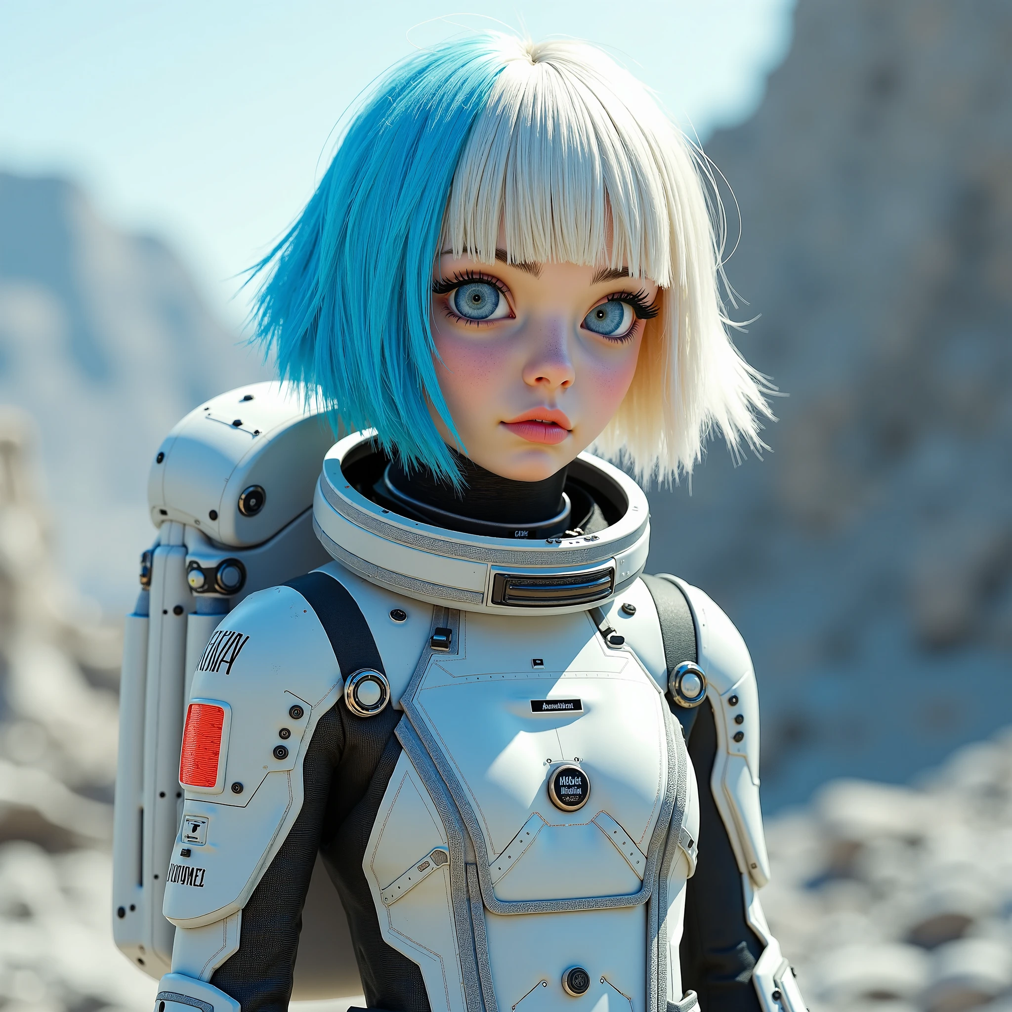 White combat suit with blue pattern, pretty girl, Pixie Cut Hair, Small breasts, Flat Chest, Outdoor, blue sky, Canon, masterpiece, high quality, Attention to detail, Textured skin