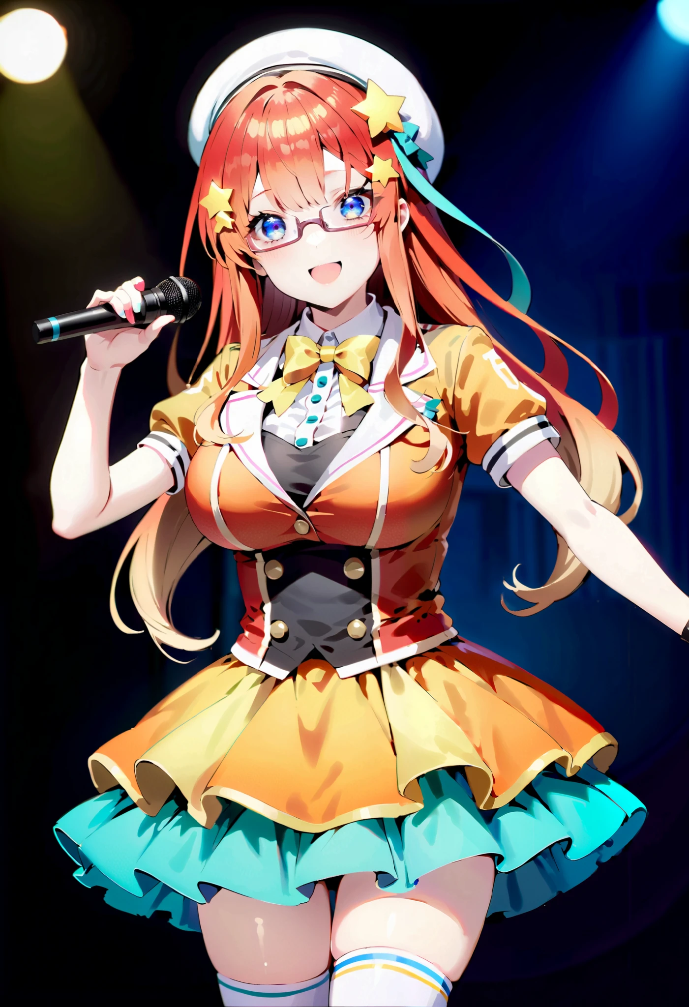 score_9, score_8_ up, score_7_ up, source_Anime, itsukinakano, Nakano Mizuki , bangs, blue eyes, hair between eyes , stupid hair, Red Hair, long hair,yellow star \(symbol\), hair ornament,yellow star hair ornament,Glasses,smile,blush, open your mouth,Big Breasts, idol costume, dress,collared dress, jacket ,cropped jacket ,Short sleeve,bowtie,bow,button, has ,beret,( white knee high:1.2),shoes, interior ,アイドル歌手がライブ stageで熱狂的に歌うシーンのイラスト. アイドル歌手が stage中央に立っている. Idol singers wear and boots . the idol singer is holding the microphone and singing . the idol singer's expression is serious and impressive . The singer's voice is strong and beautiful , stageの周りにはファンが集まる, The fans sing and dance with the idol singer ,whole bodyがイラストに入るように,
break looking at viewer,whole body,( cowboy shot:1. 5),
break indoors, stage, concert, stage lights, stage, crowd,
break (masterpiece:1.2), best quality, high resolution, unity 8k wallpaper, (figure:0.8), ( Beautiful, detailed eyes :1.6), very detailed face , Perfect Lighting , highly detailed CG, (perfect hand, perfect anatomy),