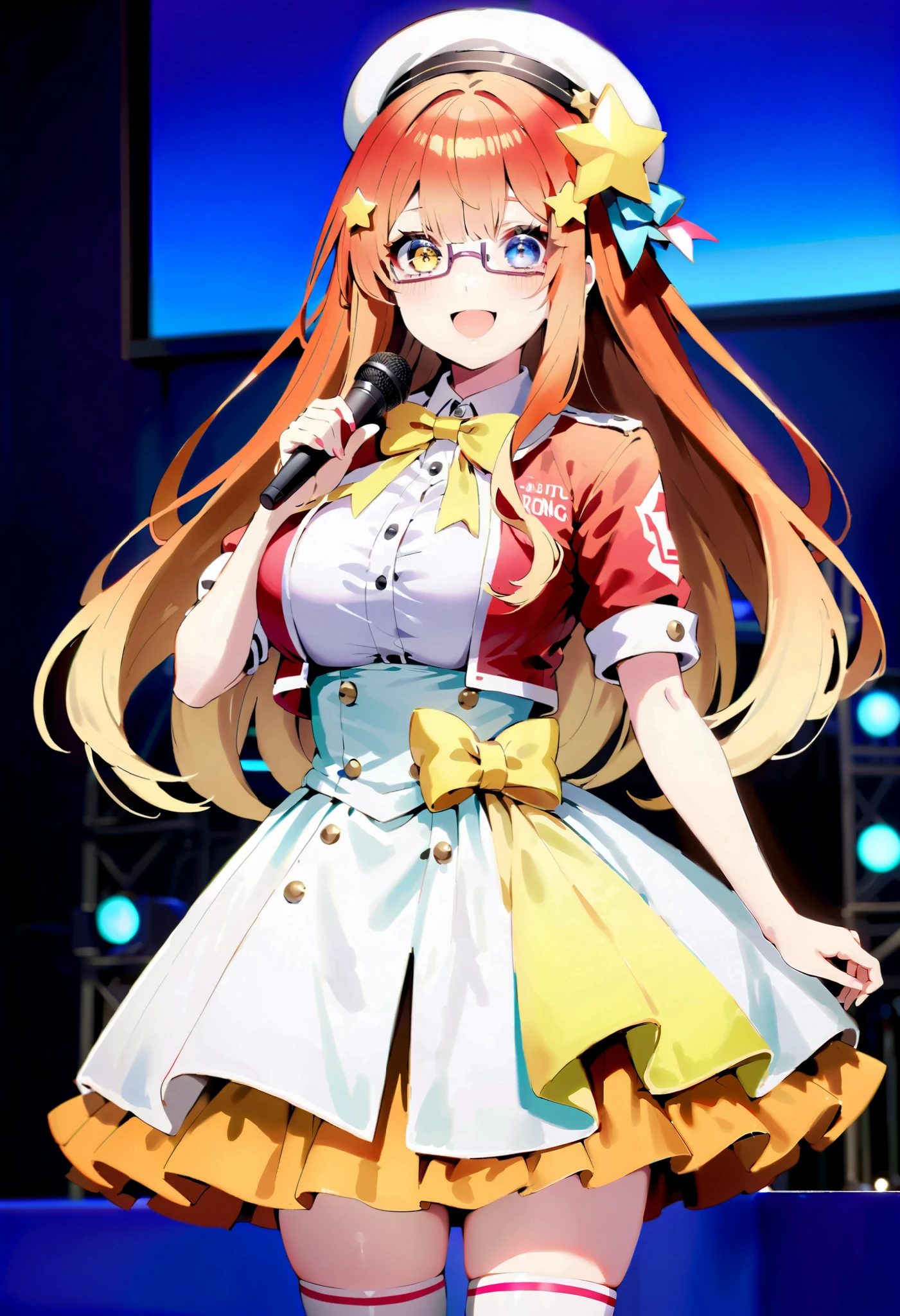  score_9,  score_8_ up,  score_7_ up,  source_Anime, itsukinakano, Nakano Mizuki , bangs, blue eyes,  hair between eyes , stupid hair, Red Hair, long hair,yellow star  \(symbol\),  hair ornament,yellow star   hair ornament,Glasses,smile,blush, open your mouth,Big Breasts, idol costume, dress,collared  dress, jacket ,cropped  jacket ,Short sleeve,bowtie,bow,button, has ,beret,( white knee high:1.2),shoes, interior ,アイドル歌手がライブ stageで熱狂的に歌うシーンのイラスト. アイドル歌手が stage中央に立っている. Idol singers wear  and boots .  the idol singer is holding the microphone and singing .  the idol singer's expression is serious and impressive . The singer's voice is strong and beautiful , stageの周りにはファンが集まる, The fans sing and dance with the idol singer ,whole bodyがイラストに入るように,
break looking at viewer,whole body,( cowboy shot:1. 5),
break indoors, stage, concert,  stage lights,  stage, crowd,
break (masterpiece:1.2),  best quality,  high resolution, unity 8k wallpaper, (figure:0.8), ( Beautiful, detailed eyes :1.6),   very detailed face ,  Perfect Lighting ,   highly detailed CG, (perfect hand,  perfect anatomy),