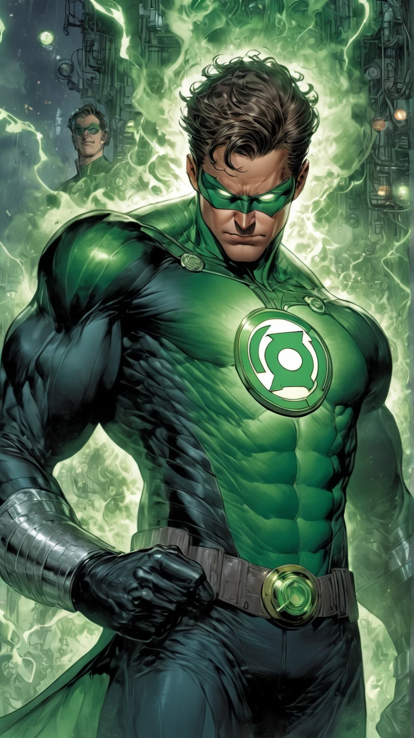 Green Lantern, Hal Jordan, full body shot, face of a 30s, tall, hunk, lean muscle, short hazel hair, neon green and black suit, light neon green lantern logo on the chest, sexy showing a bulge ,best quality, masterpiece, high resolution, ((green ring)) on his right middle finger, dark green eyes mask, straight face, detailed face, detailed suit