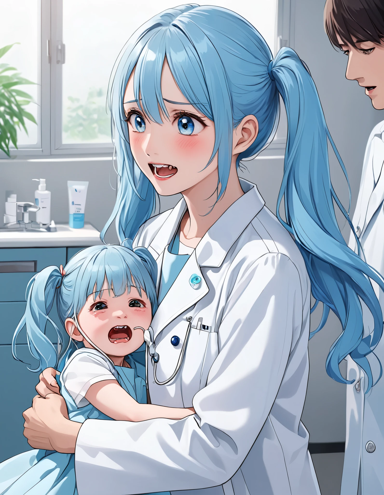 light blue long hair 、 the dentist with a beautiful girl with twin tails 、 I'm wearing a white coat、 the dentist who treats the little one's teeth、The little one is scared and crying 、Dental clinic background
