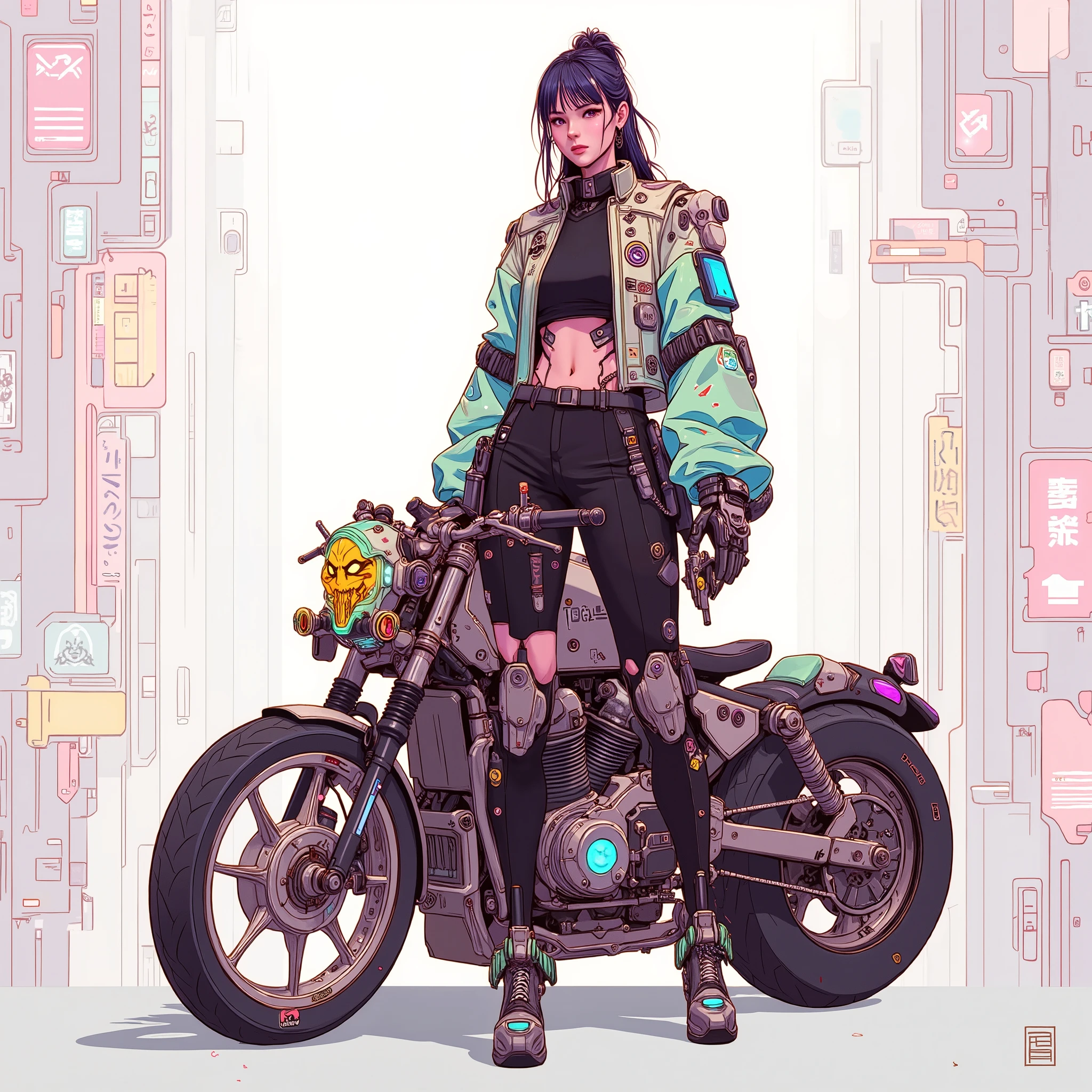 anime girl on a red motorcycle with a sword and a oni mask ,the girl stand front of motorcycle, modern cyberpunk anime, inspired by Masamune Shirow, anime cyberpunk art, cyberpunk anime art, akira motorcycle, akira moto,cyber punk motor , anime cyberpunk,