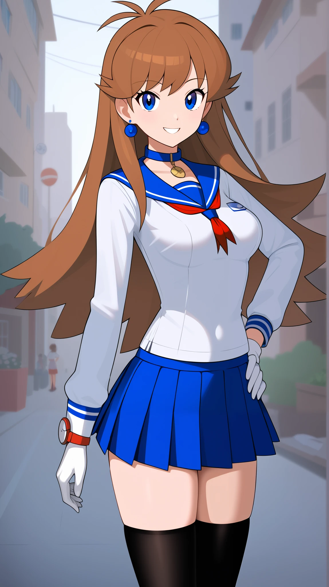 (( best quality )), ((masterpiece)), (( Details)), 1girl , Two legs, two arms, bare hands, no gloves , orange brown hair color, long hair, blue eyes, Ample breasts, tall, high school girl, long sleeve sailor suit, blue pleated mini skirt , black knee-high stockings, Loaf absolute region, thighs, Watch Your Audience, 1 Female, Age 18, blue earrings, sexy smile, seductive smile , Place one hand on hip, Anime Coloring Book, Three idiot hairs , with bangs, whole body, slim figure, City, (\Pokémon\), score_9, score_8_Excellent, score_7_Excellent, score_6_Excellent, source_Anime, cell shading , flat collar , vector,