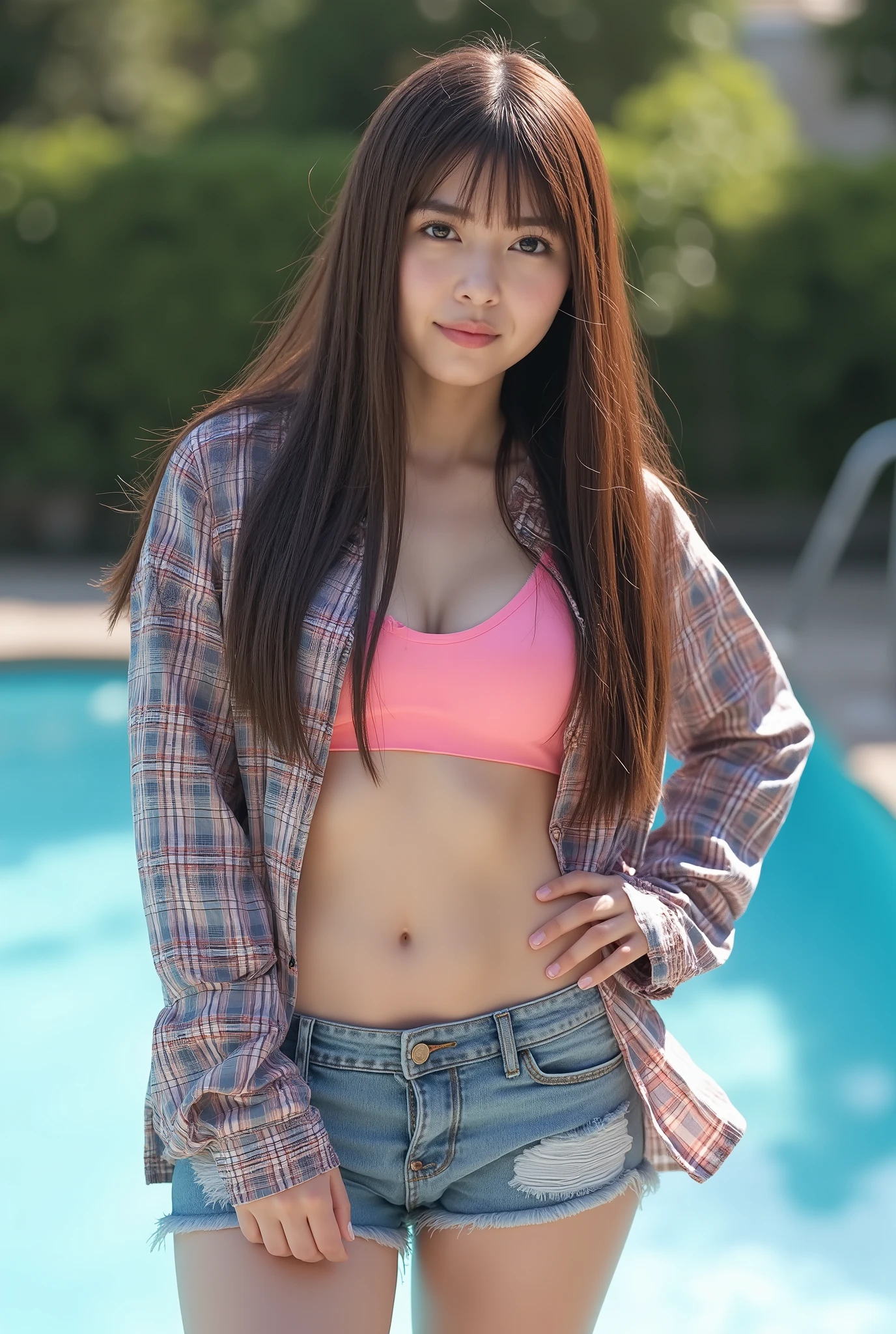 Beautiful young woman with long hair standing by the pool, one hand on her hip, in a checked shirt (((cherry pink bikini top and distressed denim shorts, full body shot ))), highly detailed face, beautifully detailed eyes, beautifully detailed lips, double eyelids, slim figure, (highest quality,4k,8k,high resolution,masterpiece:1.2),ultra detail,(realistic,photo-realistic,photo-realistic:1.37),high resolution,ultra high resolution, studio lighting,extreme detail painting,sharp focus,physically based rendering,extreme detail description,professional,vibrant colors,bokeh,photography