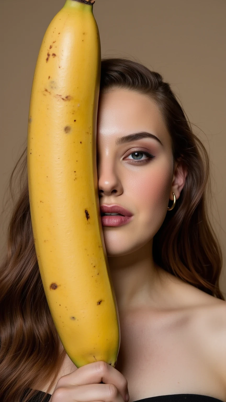 A surreal upper-half portrait of a woman with half of her face replaced by a massive, vibrant yellow banana. The banana is highly detailed, with realistic texture, faint brown spots, and a glossy peel that contrasts with her smooth skin. The woman has long, flowing hair cascading down one side, and her remaining eye gazes forward with calm intensity. The background is softly lit with neutral tones, emphasizing the bizarre yet artistic fusion of human beauty and surreal elements."