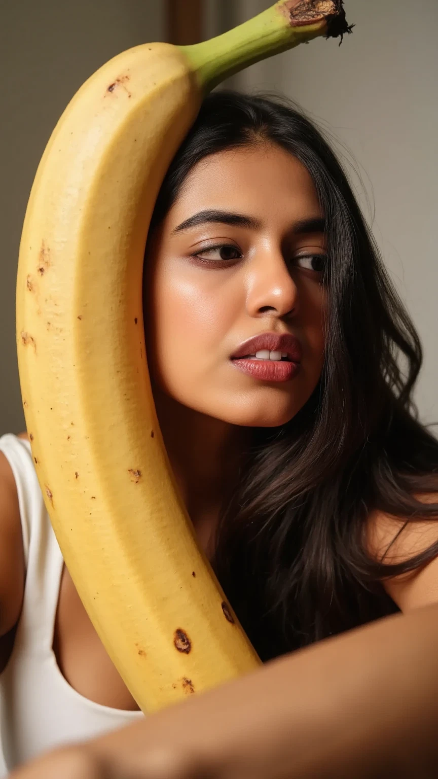 A surreal upper-half portrait of a woman with half of her face replaced by a massive, vibrant yellow banana. The banana is highly detailed, with realistic texture, faint brown spots, and a glossy peel that contrasts with her smooth skin. The woman has long, flowing hair cascading down one side, and her remaining eye gazes forward with calm intensity. The background is softly lit with neutral tones, emphasizing the bizarre yet artistic fusion of human beauty and surreal elements."