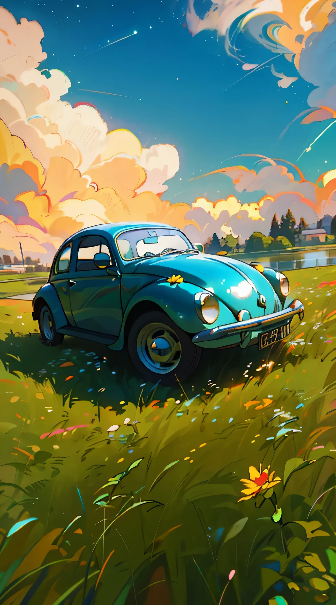 arafed beetle parked in a field with a lake in the background, beetle, beetle-inspired, hyperreal highly detailed 8 k, nostalgic 8k, highly detailed hyper real retro, 8k octane render photorealistic, 8k restored and remastered, cinematic front shot, ghibli. octane render, fine details 8k octane rendering, high quality bug pov shot, (Masterpiece), (best detail), (Best quality), Detailed facial features, milky ways, glitters, Particle, Wind, flower, hair adornments, multicolored hair, Solo, jewelry, Starry sky, sky, (stars), Milky Way, Young and good-looking